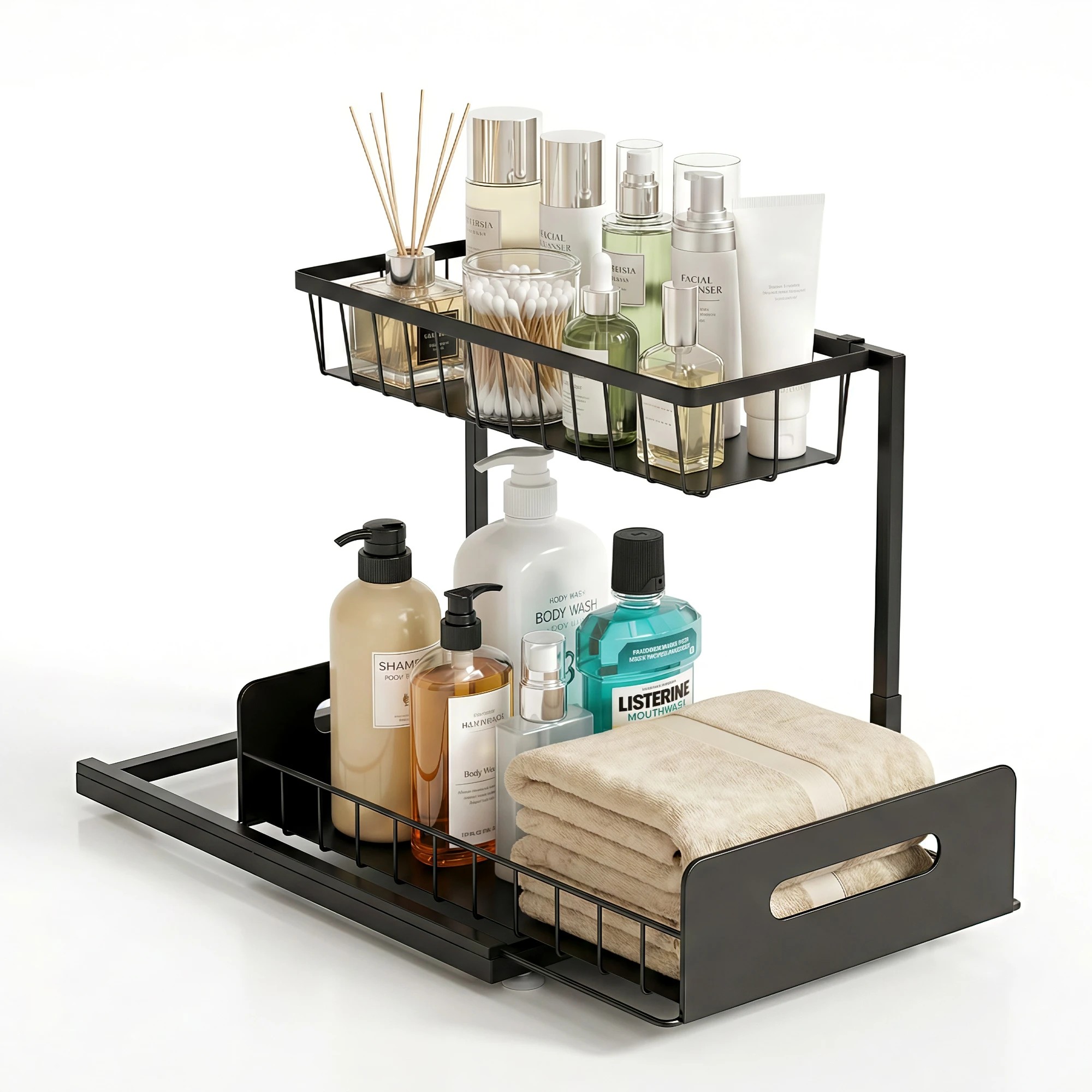 1 Artiss Under Sink Organizer Storage L Shape 1 Pull Out Drawers Kitchen Cabinet Shelf - Black, 1 of 3