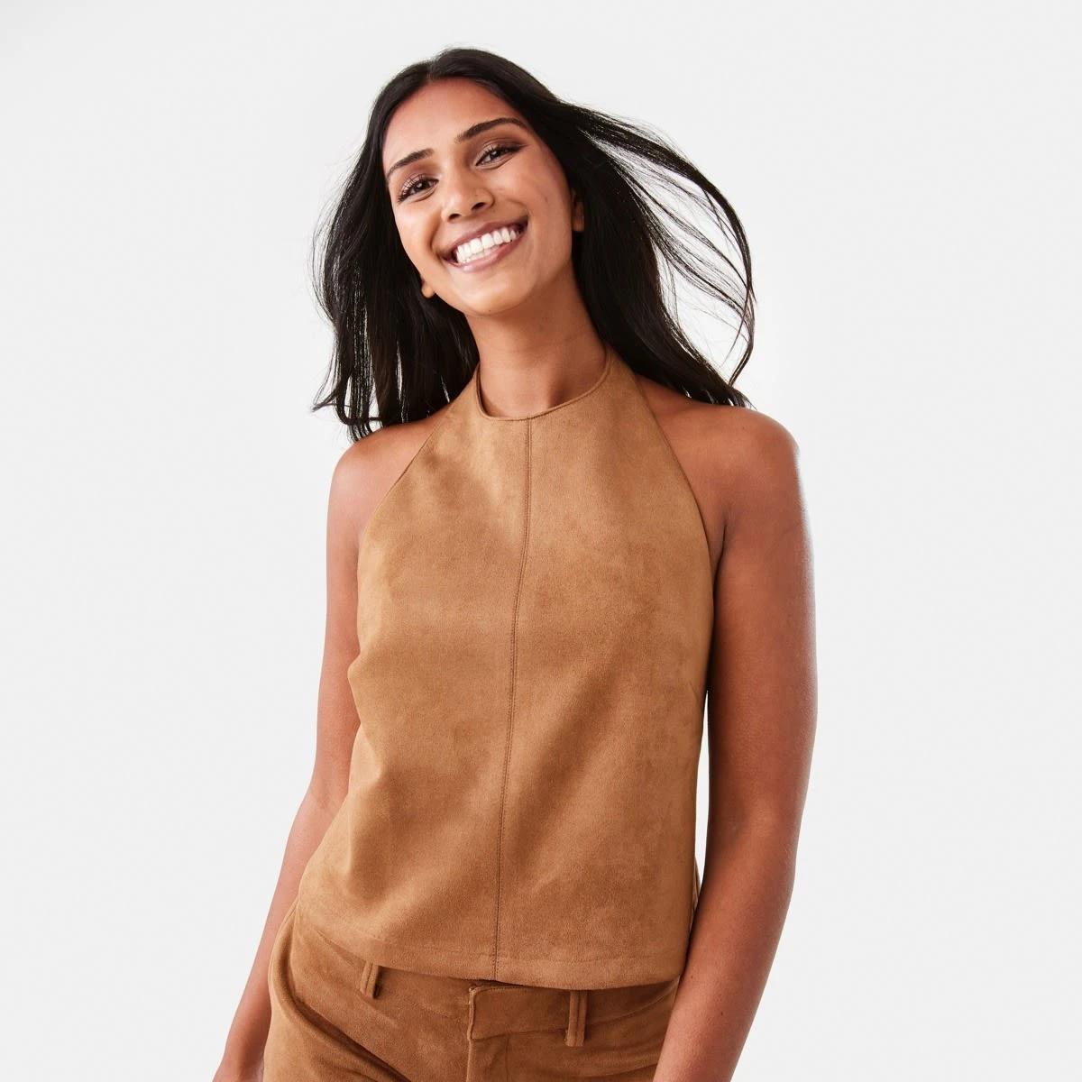 1 Sleeveless Halter Suede Top DEEP CAMEL, 1 of 10