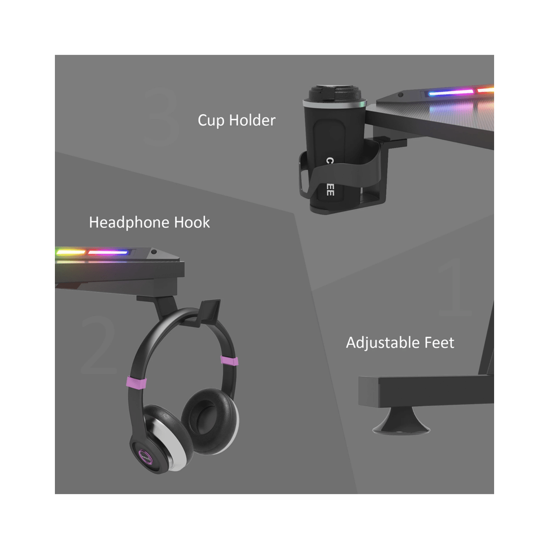 7 Advwin 120cm Black Gaming Desk Rgb Led Light Computer Desk, 7 of 7