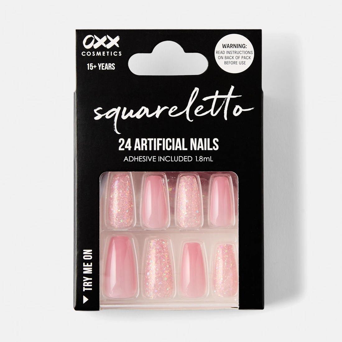 1 OXX Cosmetics 24 Pack Artificial Nails with Adhesive - Squareletto Shape, Pink Glitter, 1 of 4