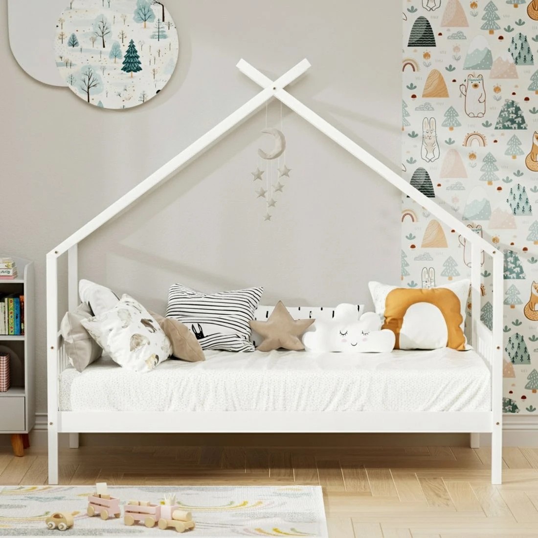 10 Artiss Bed Frame Wooden Base Kids Single Timber House Beds - White, 10 of 10