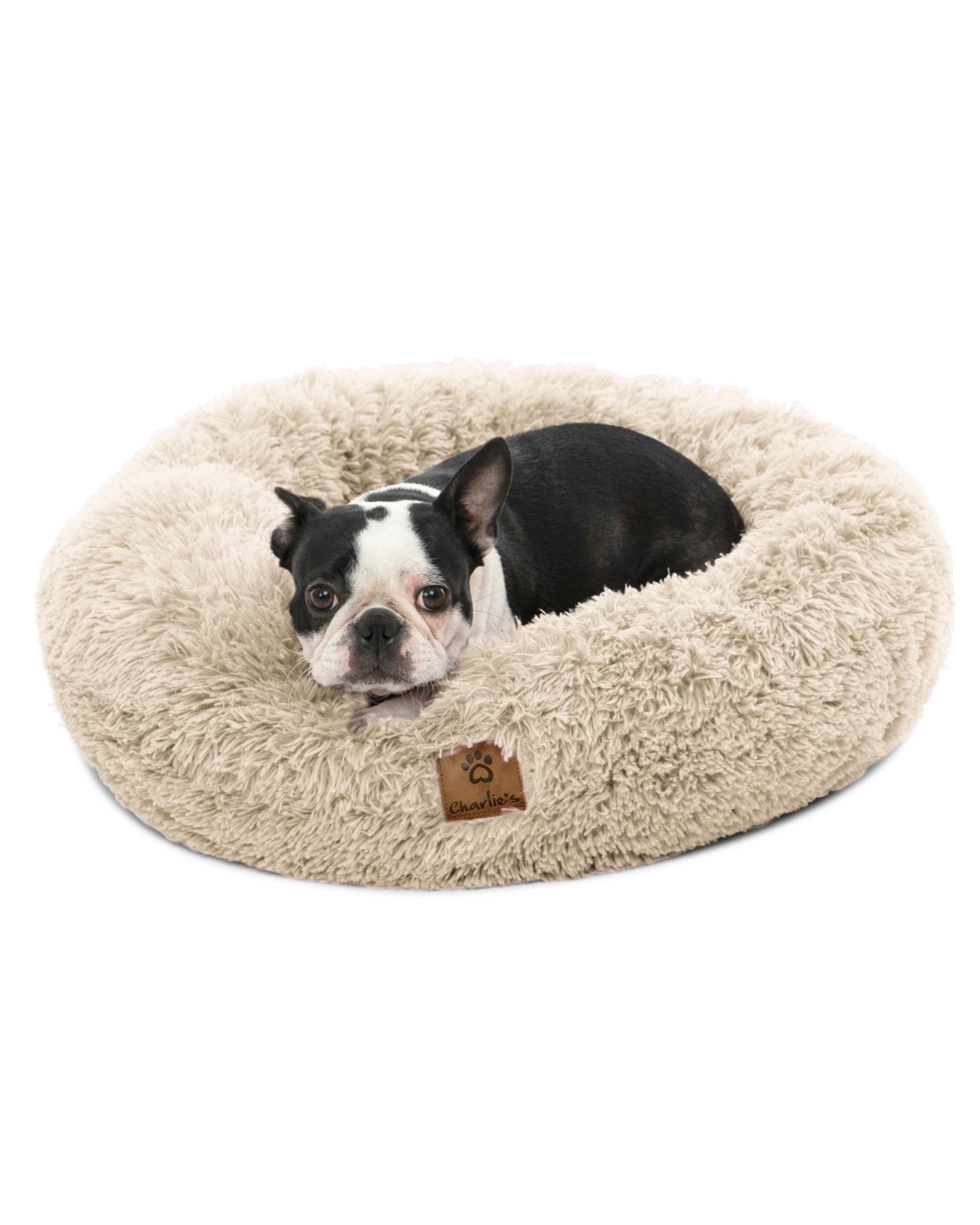 1 Charlie's Shaggy Faux Fur Round Calming Dog Bed Large - Cream, 1 of 5