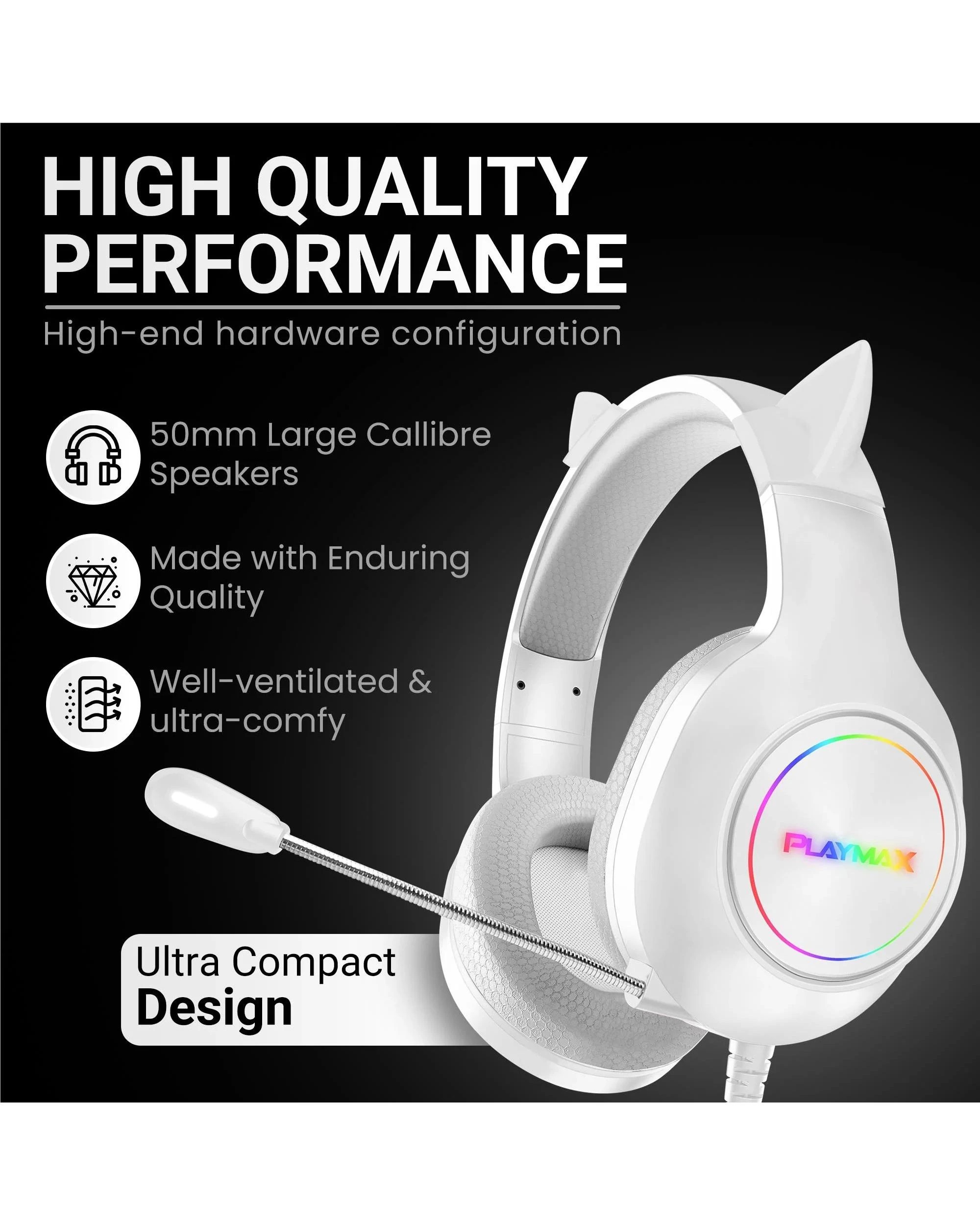 3 Playmax Cat Ear RGB Headset Universal Gaming Headset - White, 3 of 5