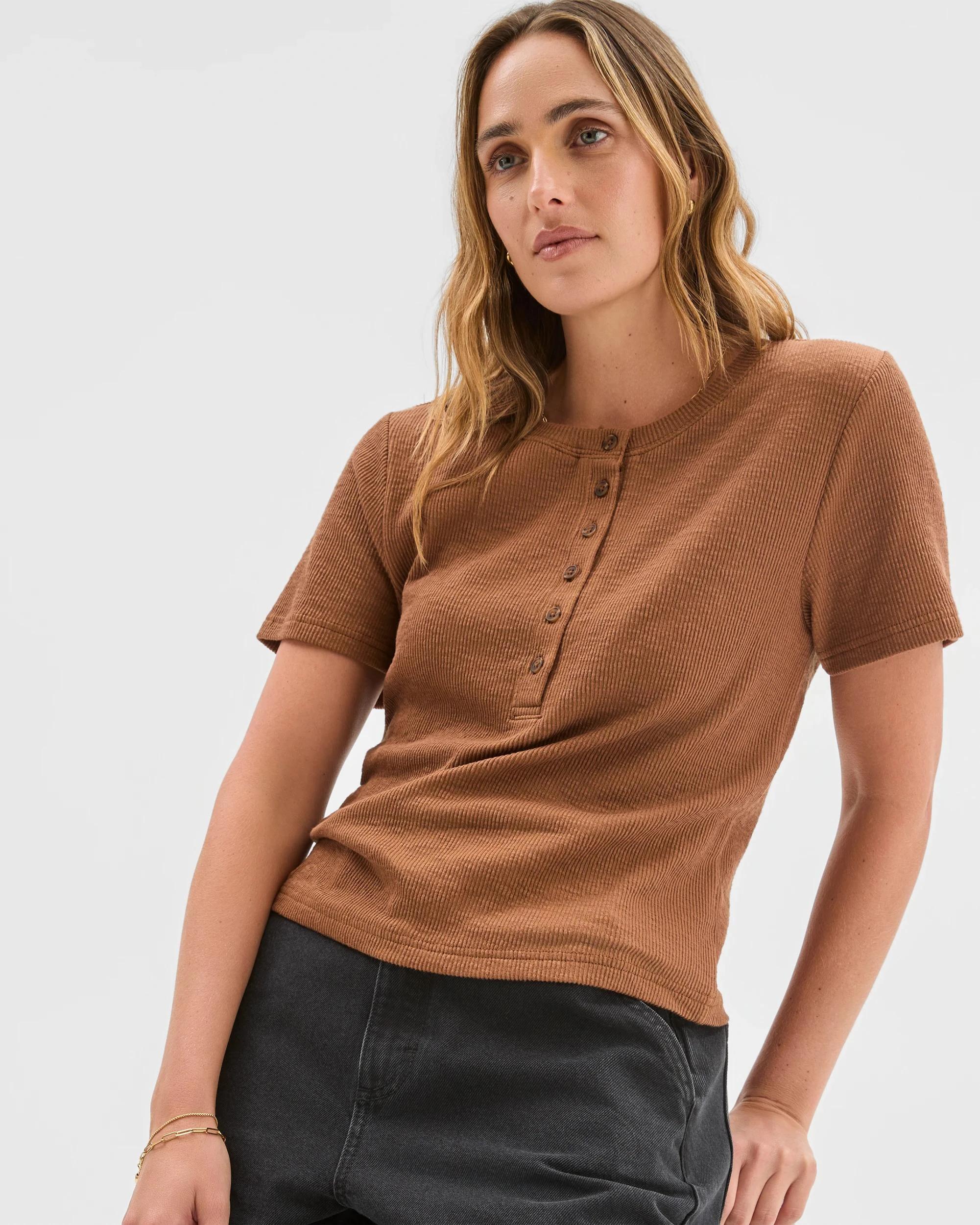 5 Target Woman Australian Cotton Blend Textured Rib Henley T-Shirt PARTRIDGE, 5 of 5