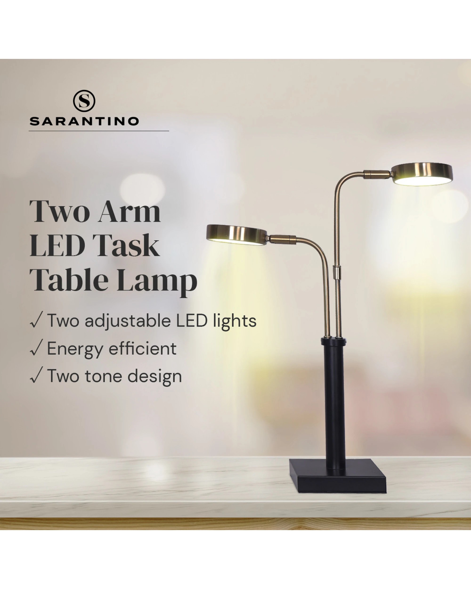 10 Sarantino LED Metal Table Lamp with 2 Lights Brushed Gold Black Finish, 10 of 10