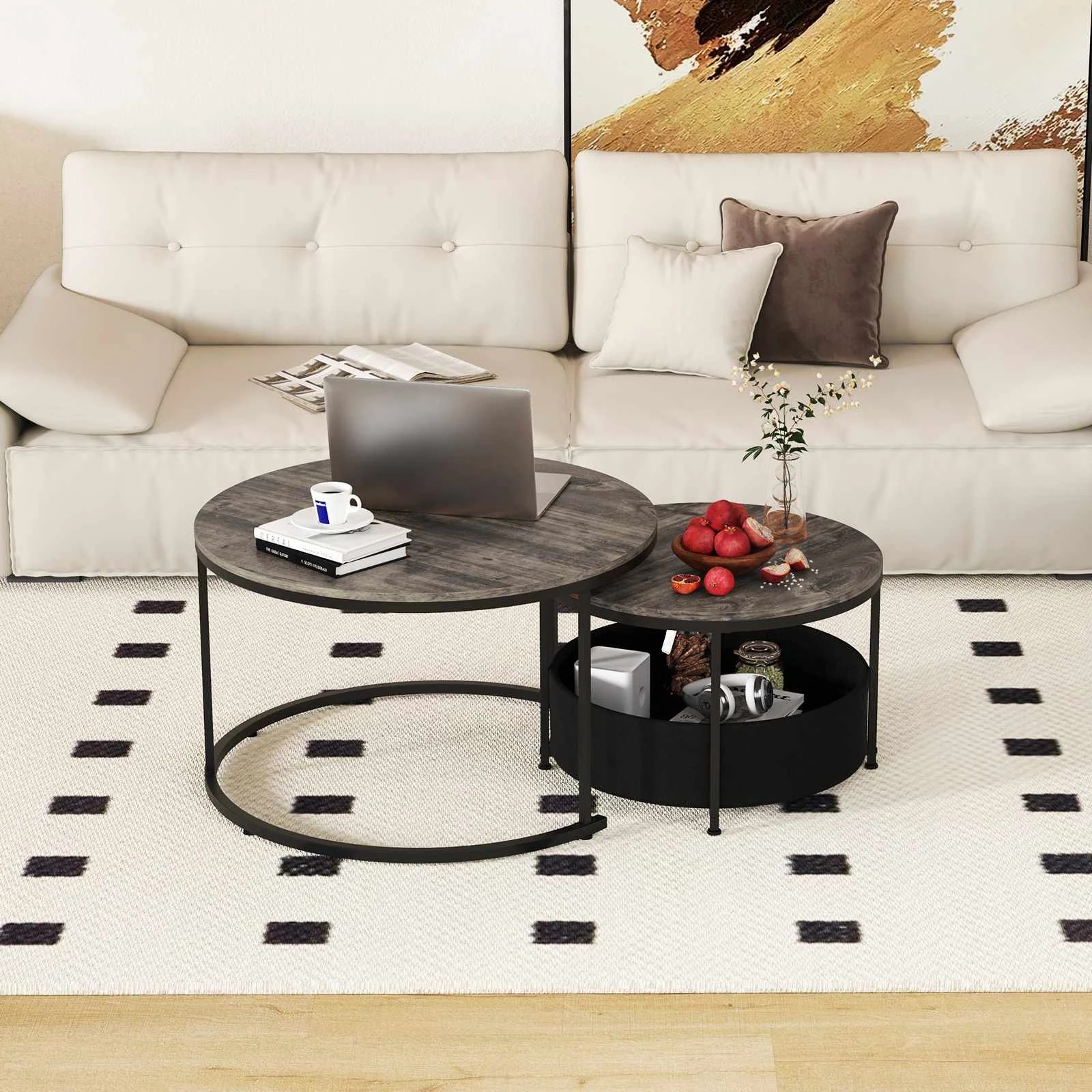 2 Costway 2 IN 1 Nesting Coffee Table Set of 2 w/Storage Round Sofa Side Table, 2 of 4