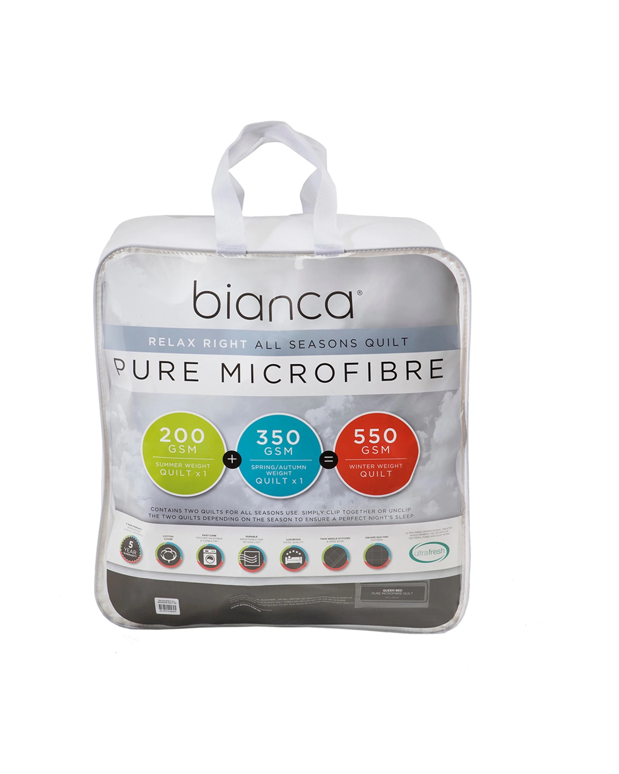 1 Bianca Relax Right Microfibre All Seasons Quilt 550gsm Cotton Japara Queen - White, 1 of 3