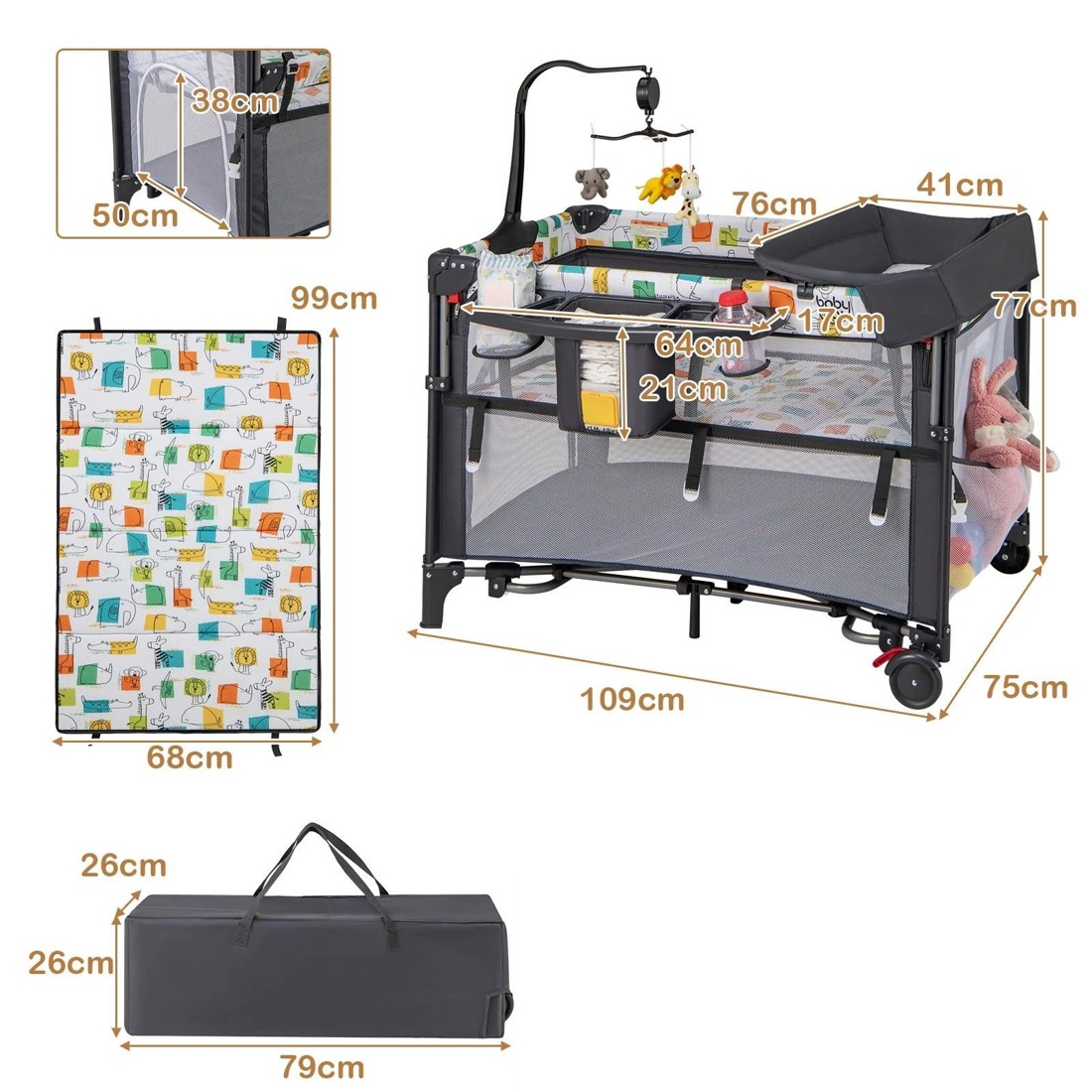 2 Costway 5-IN-1 Portable Travel Cot Bedside Bassinet - Grey, 2 of 2