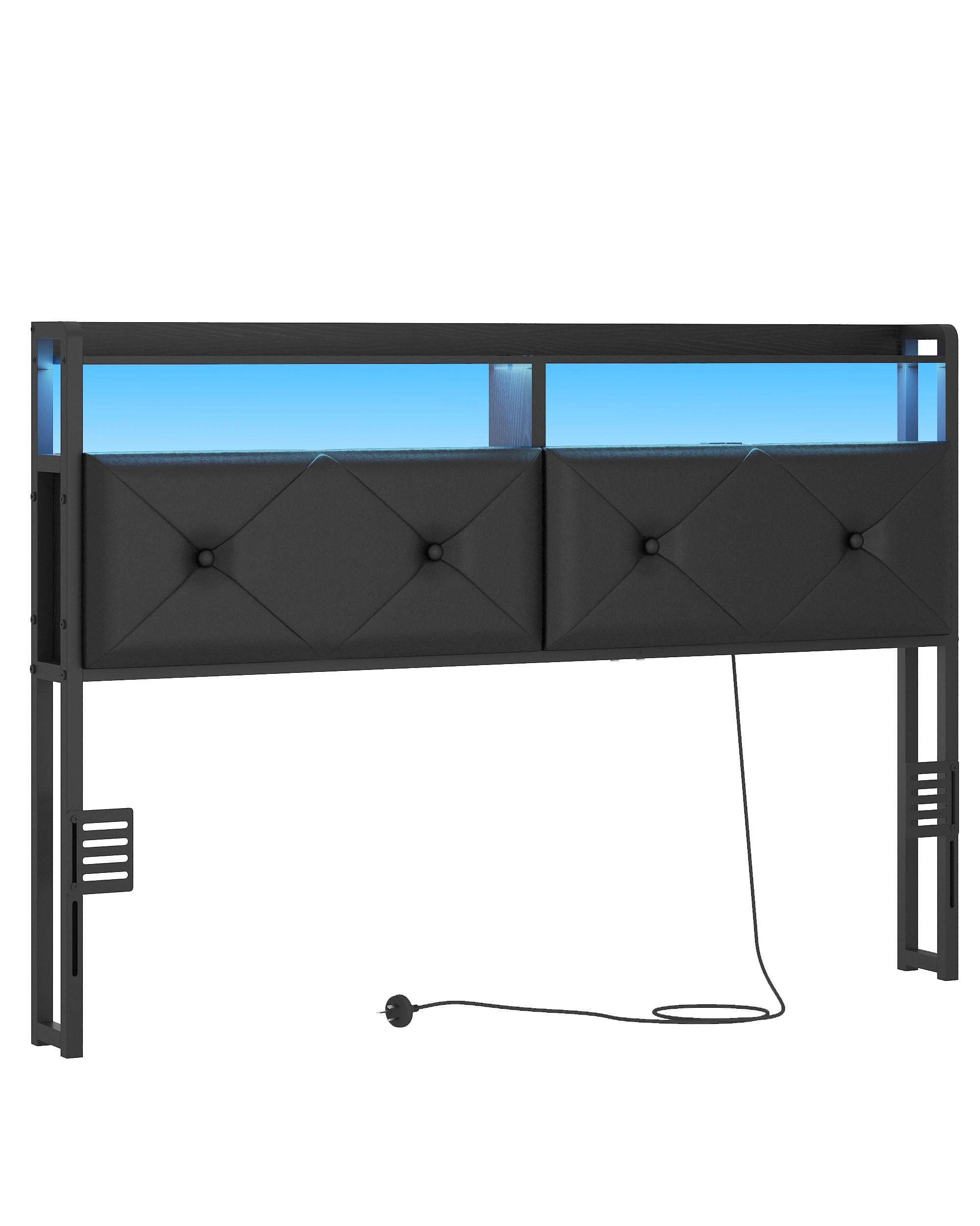 4 Advwin Double Size Headboard with LED Light Charging Station Hidden Storage PU Upholstered - Black, 4 of 8