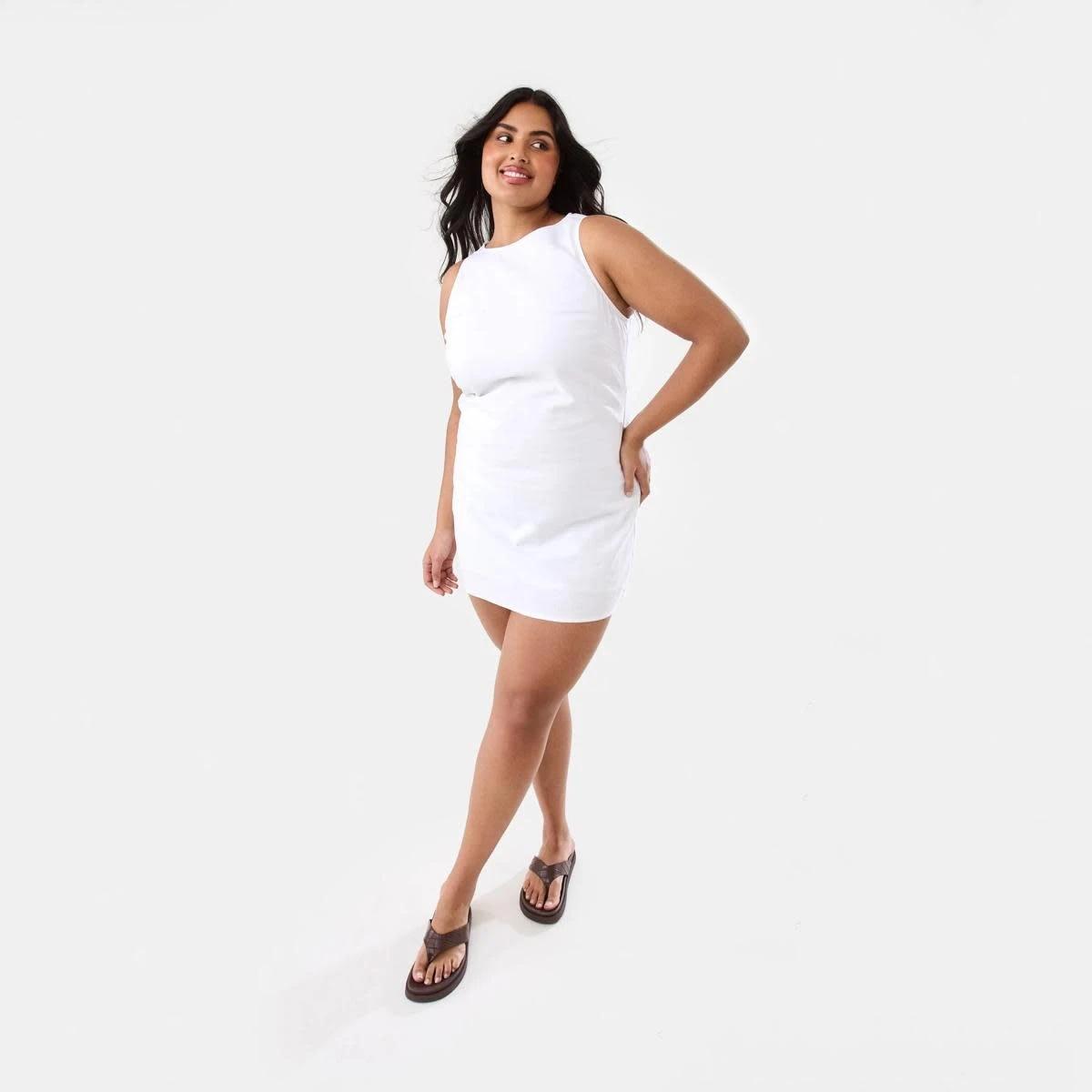 4 Sleeveless Boat Neck Linen Blend Mini Dress WHITE, 4 of 9