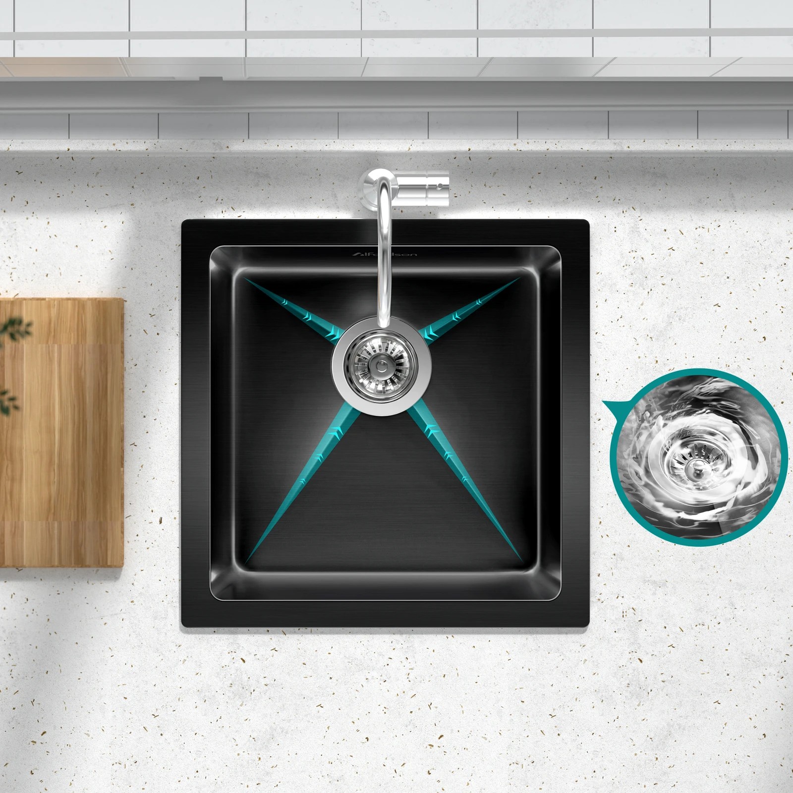 4 Alfordson Kitchen Sink 44x44cm Stainless Steel Basin Single Bowl - Black, 4 of 9