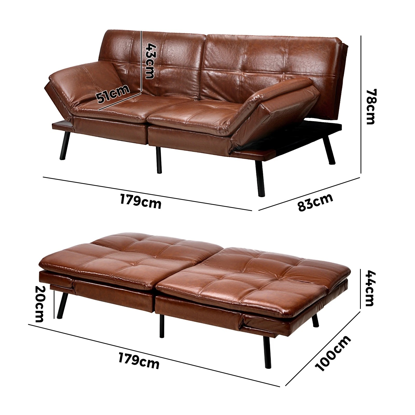 10 Oikiture Sofa Bed Futon Recliner Lounge Couch Convertible Leather 3-seater
 - Brown, 10 of 10