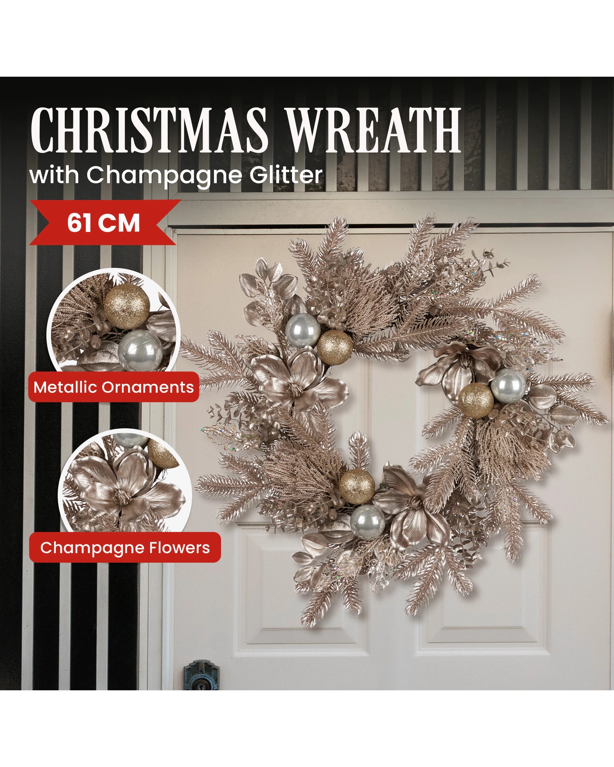 2 Christabelle Champagne Glitter Christmas Wreath - 61cm, 2 of 6