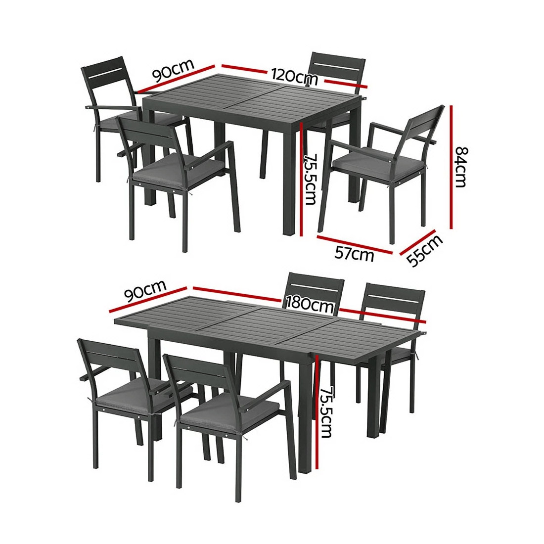 2 Gardeon Outdoor Dining Set 5 Piece Aluminum Extendable Table Setting - Black, 2 of 4