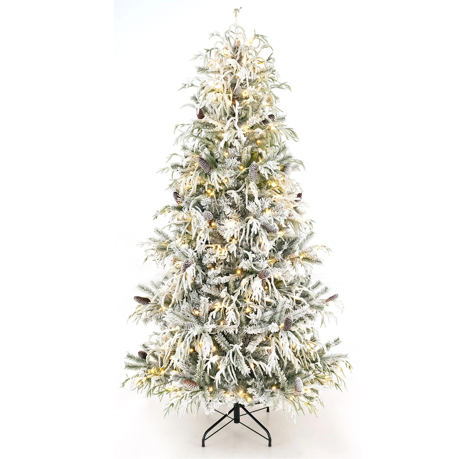 1 Costway 2.1M Flocked Christmas Tree w/35 Natural Pine Cones Pre-Lit Artificial Xmas Tree, 1 of 8