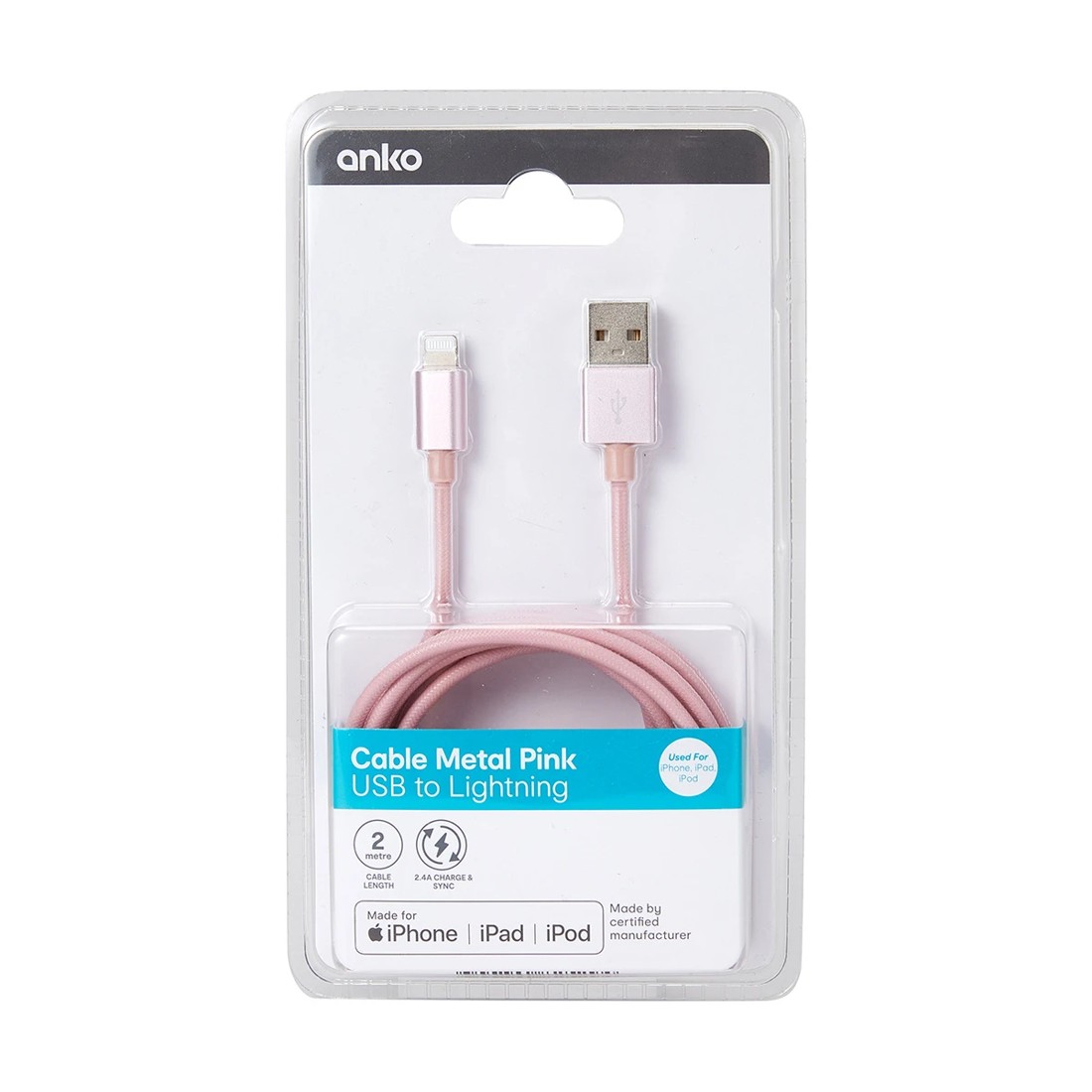 4 Lightning Cable - 2m Pink Rope, 4 of 4