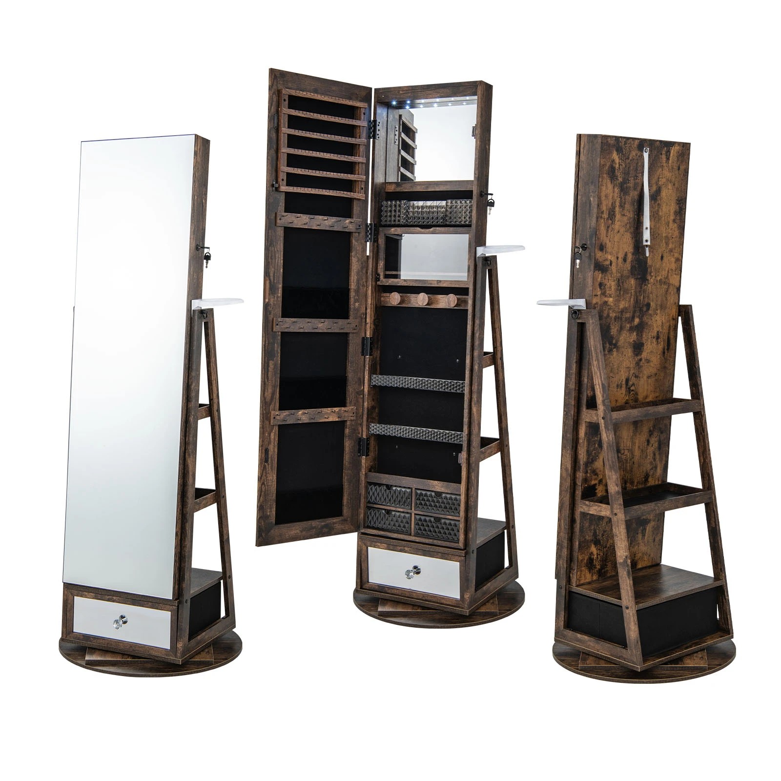 1 Costway 360° Swivel Jewelry Cabinet LED Jewelry Armoire w/Vanity Table Storage Shelves - Brown, 1 of 5