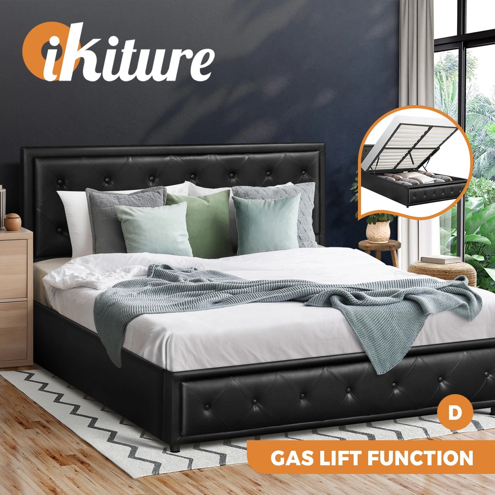 2 Oikiture Double Bed Frame Gas Lift Base With Storage Enzo
 - Black, 2 of 10