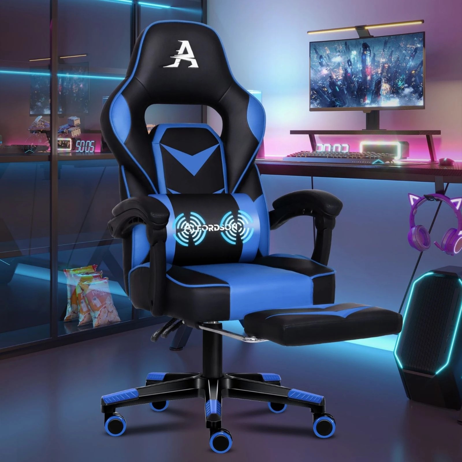 8 Alfordson Gaming Chair Office Massage Seat Racing Footrest Executive - Blue, 8 of 10