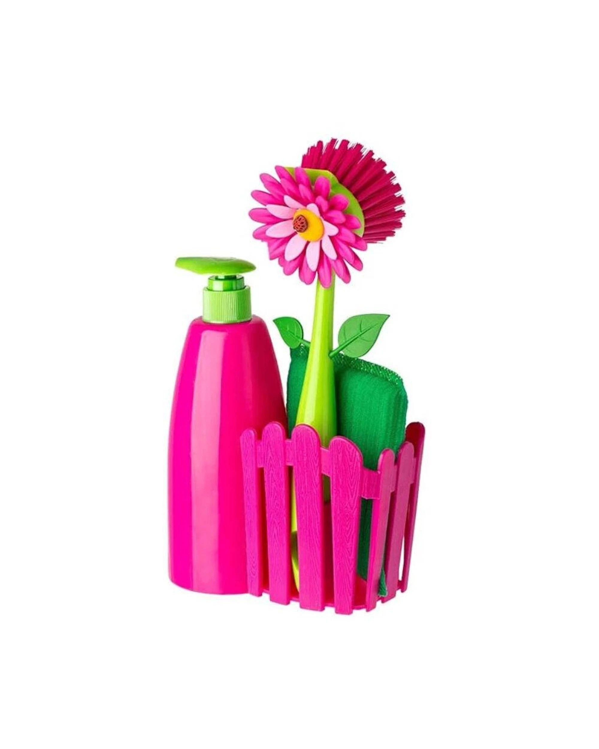2 Vigar Flower Power 3 Piece Set  Sink Caddy Dish Brush Dispenser 340ml Pink, 2 of 3