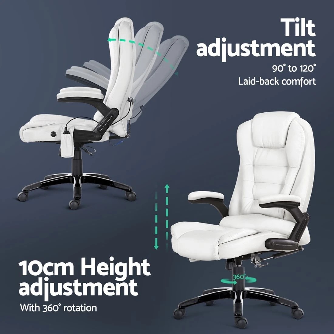 6 Artiss 8 Point Massage Office Chair Heated Seat Recliner PU - White, 6 of 10
