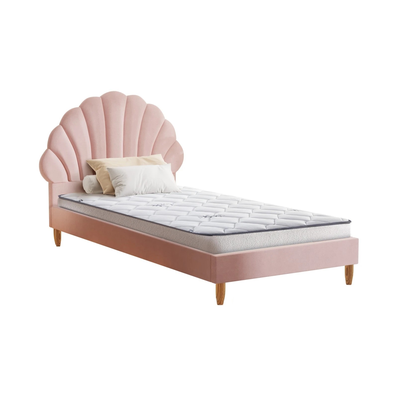 1 Oikiture Bed Frame Single Size Scallop-Shape Bedhead Velvet with Mattress - Pink, 1 of 7
