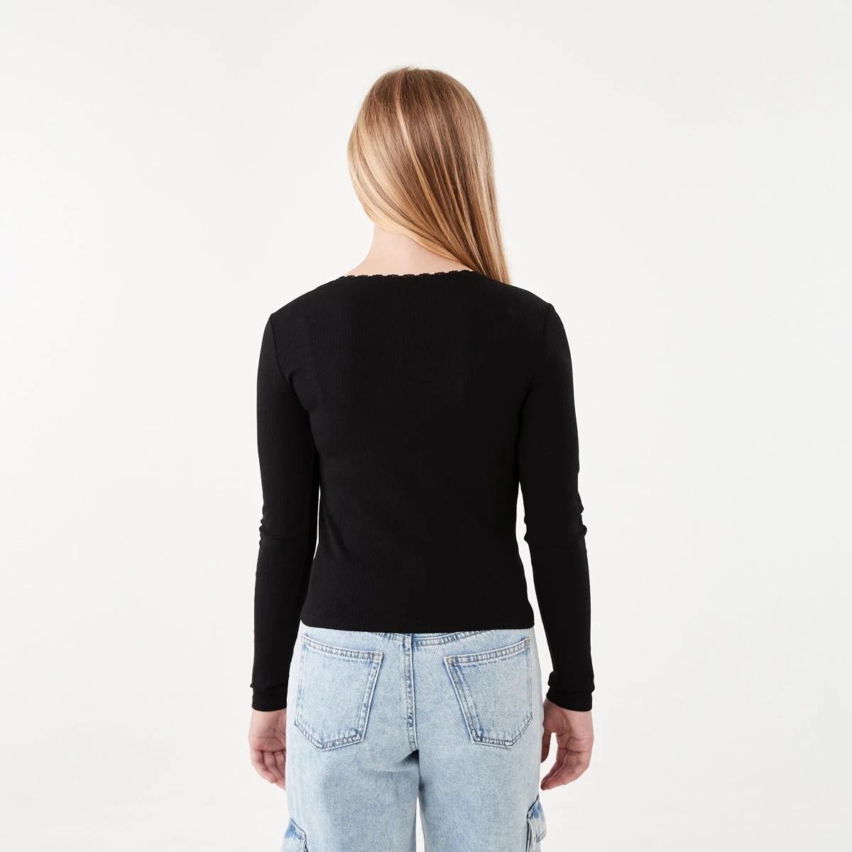 2 Long Sleeve Rib Top with Lace Black, 2 of 8