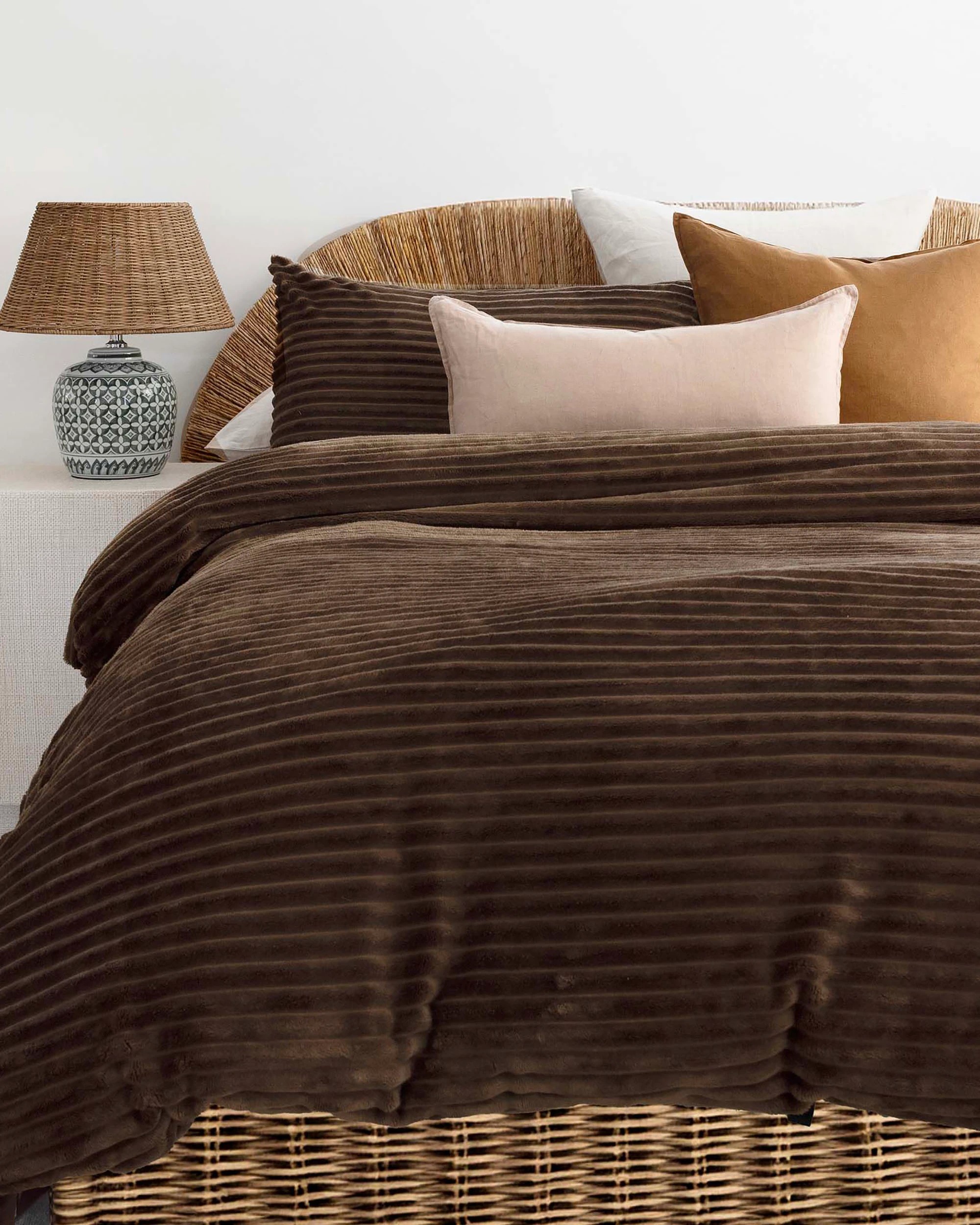 1 Bambury Channel Plush Velour Striped Quilt Cover Set Chocolate - King Bed - Brown, 1 of 3