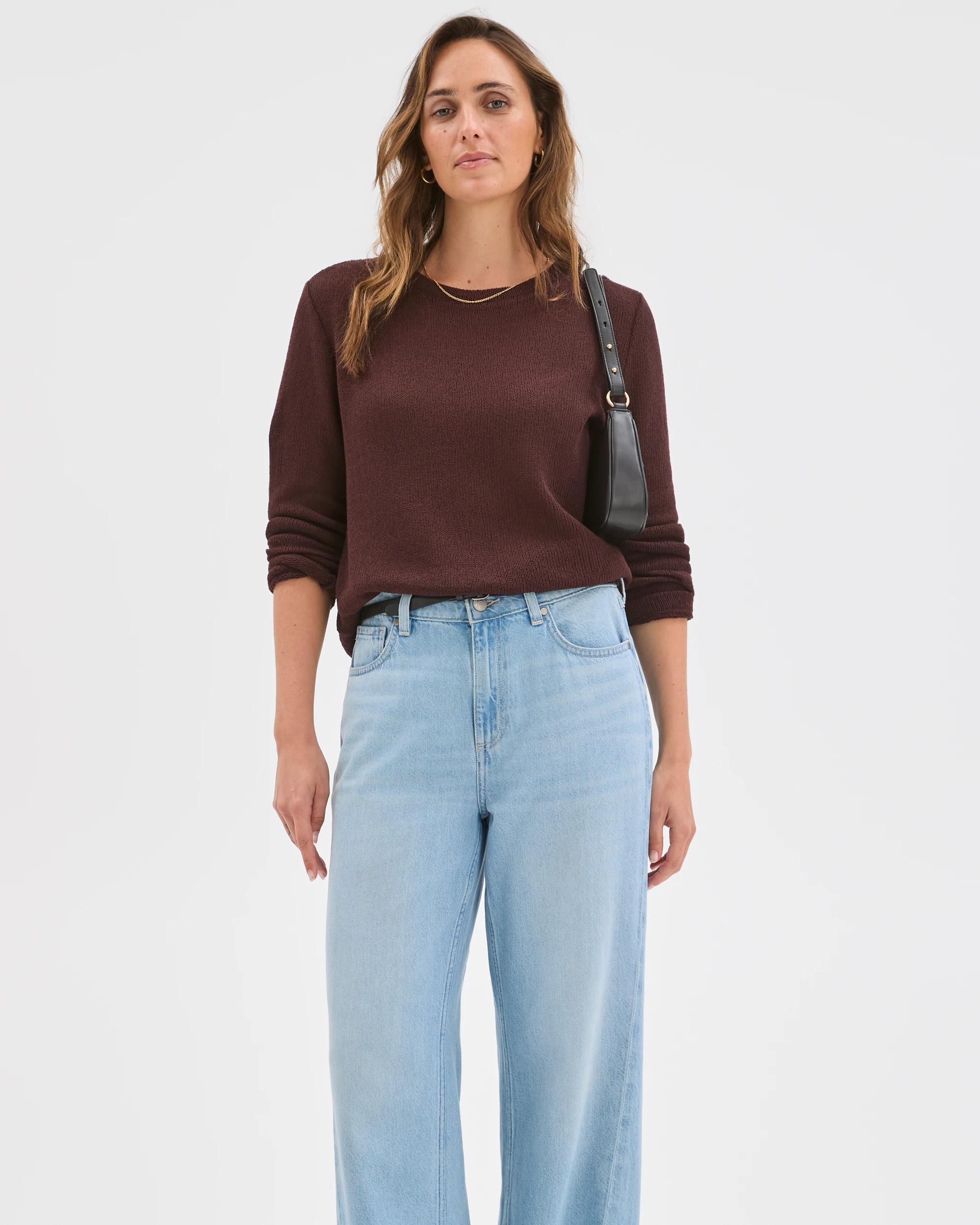 3 Target Woman Australian Cotton Blend Long Sleeve Step Hem Textured Knit Top CHOCOLATE PLUM, 3 of 7