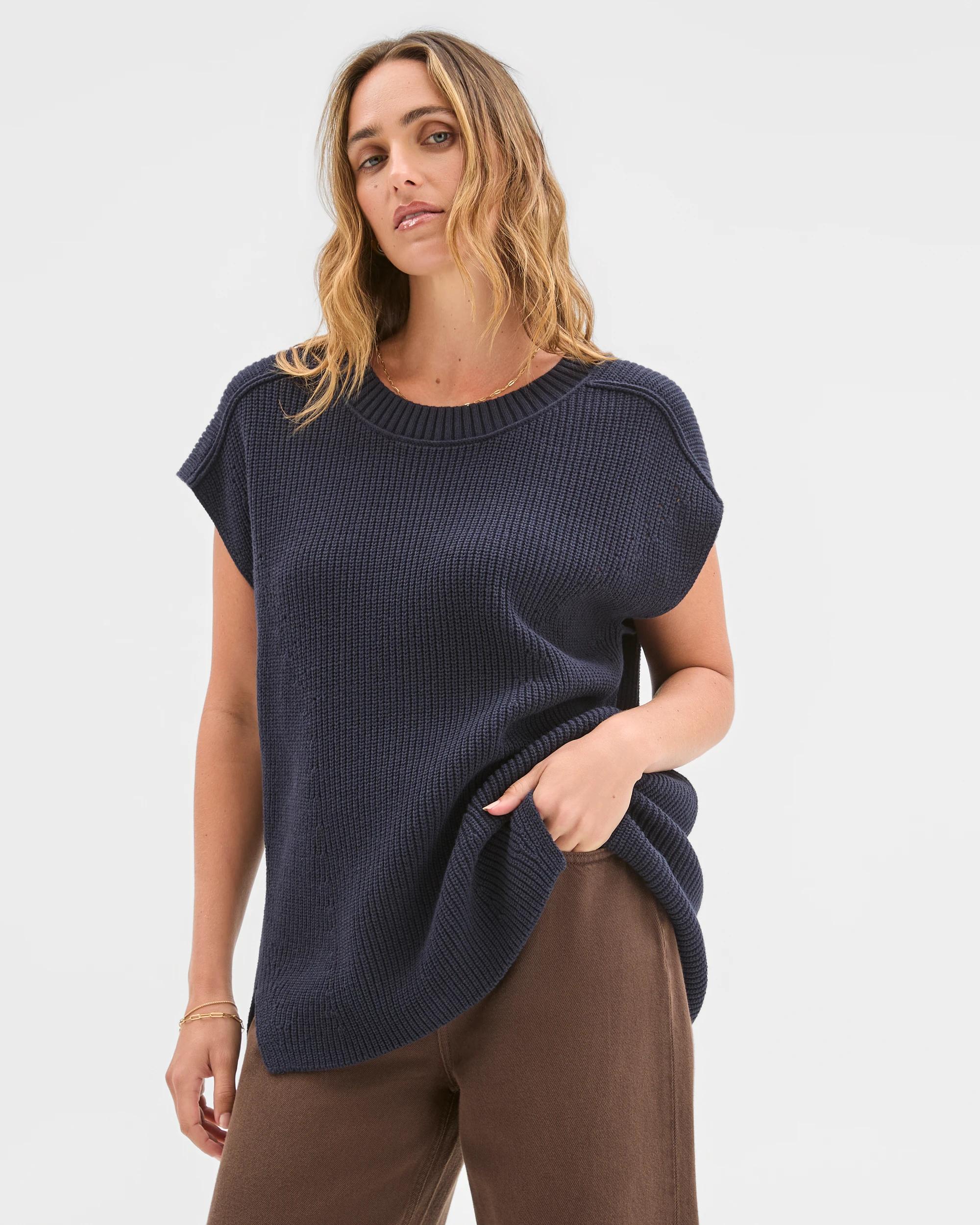 1 Target Woman Australian Cotton Blend Split Hem Vest NIGHT SKY, 1 of 6