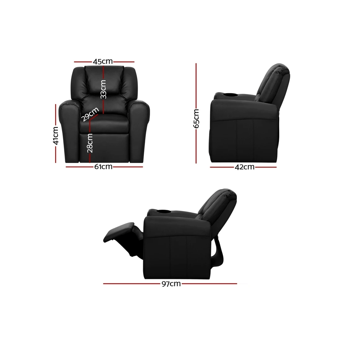 2 Keezi Kids Recliner Chair PU Leather Sofa Lounge Couch Children Armchair - Black, 2 of 7