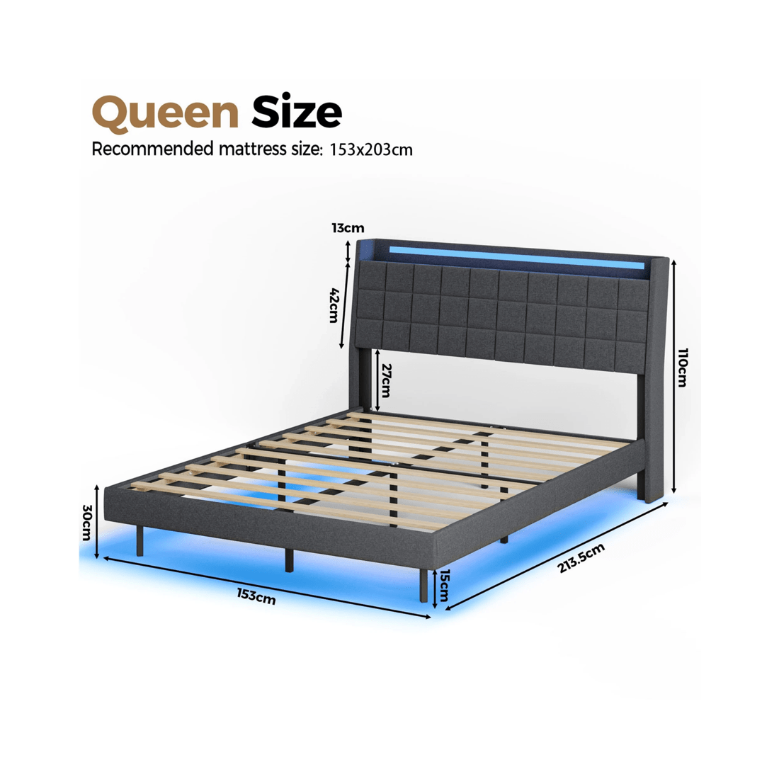 3 Advwin Queen Floating Bed Frame With Led Lights And Storage Headboard Dark Grey, 3 of 9