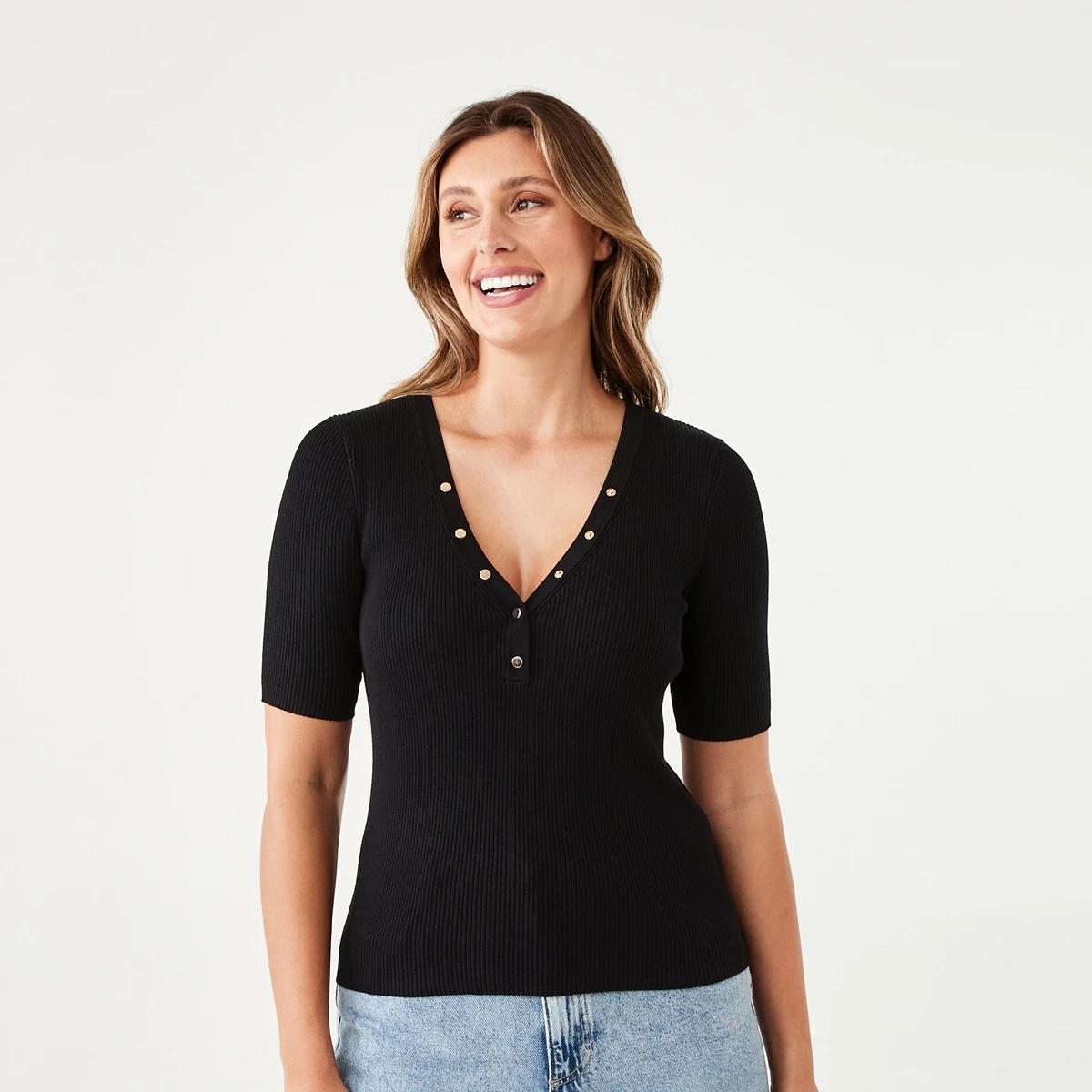 1 Short Sleeve Henley Neck Top Black, 1 of 7