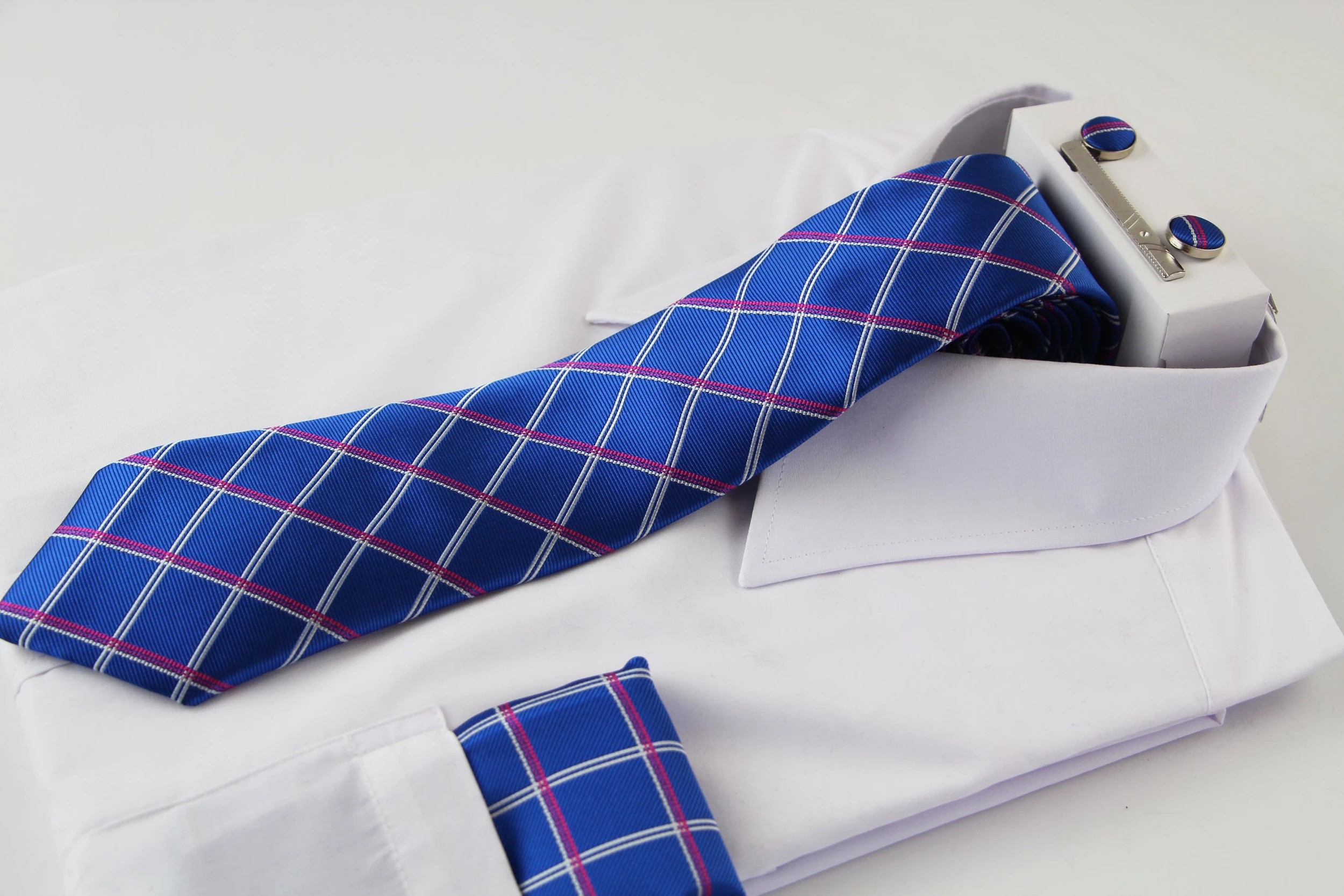 1 Zasel Mens Blue, Silver & Pink, Checkered Matching Neck Tie, Pocket Square, Cuff Links And Tie Clip Set - Multi - Multi, 1 of 4