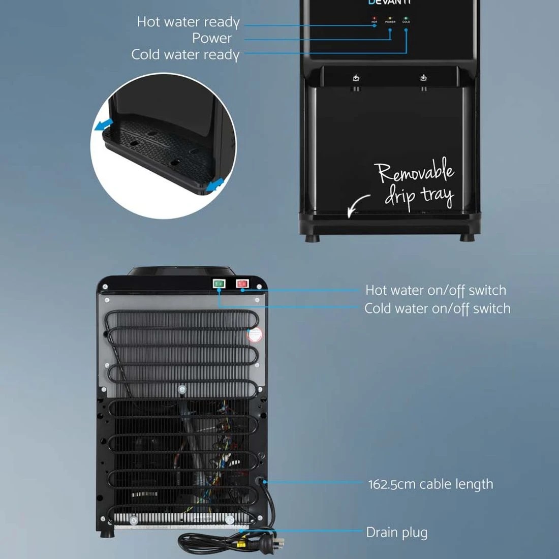 5 Devanti Water Cooler Dispenser 22L Bench Top Chiller Purifier Filter Hot Cold - Black, 5 of 8
