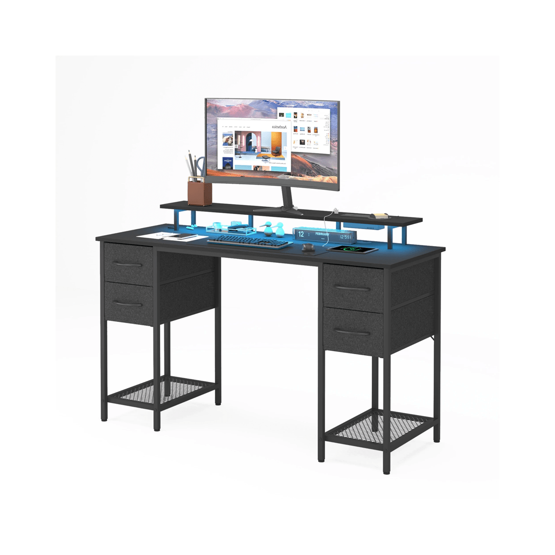 1 Advwin 137cm Black Computer Desk With Led Lights Power Outlets Gaming Desk, 1 of 9