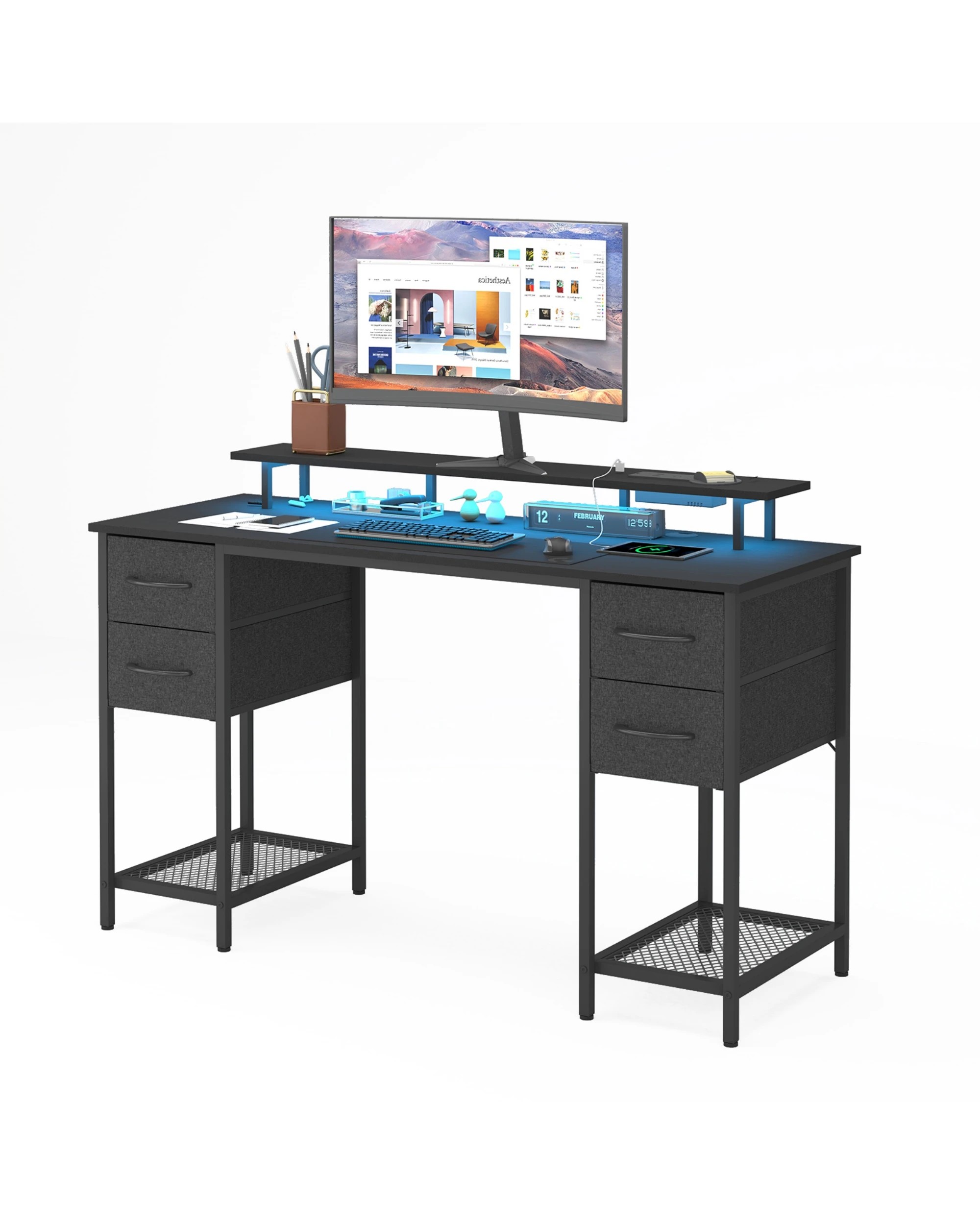 1 Advwin 137cm Black Computer Desk With Led Lights Power Outlets Gaming Desk, 1 of 9