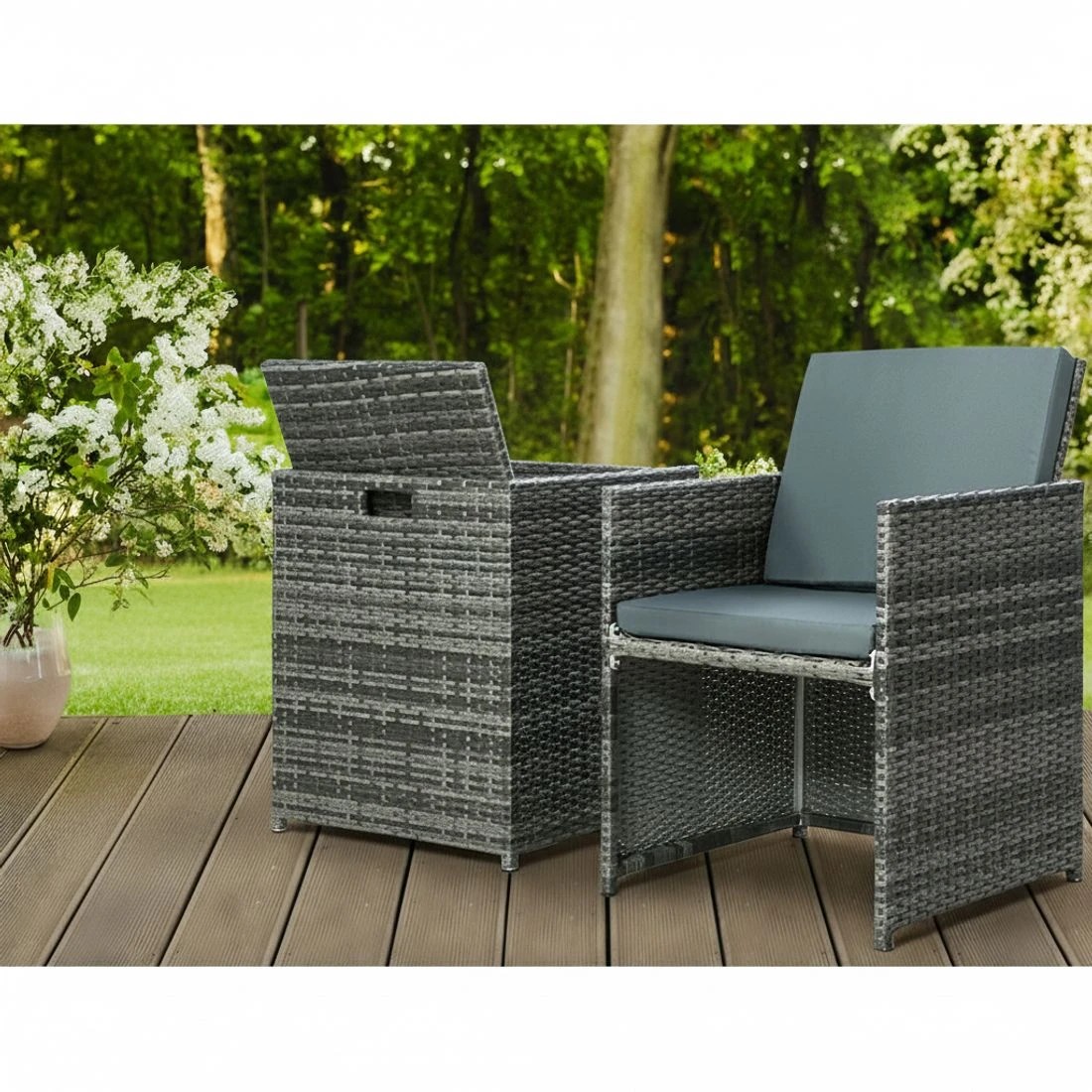 4 Gardeon 5PC Bistro Set Wicker Table and Chairs Ottoman Outdoor Furniture - Grey, 4 of 5