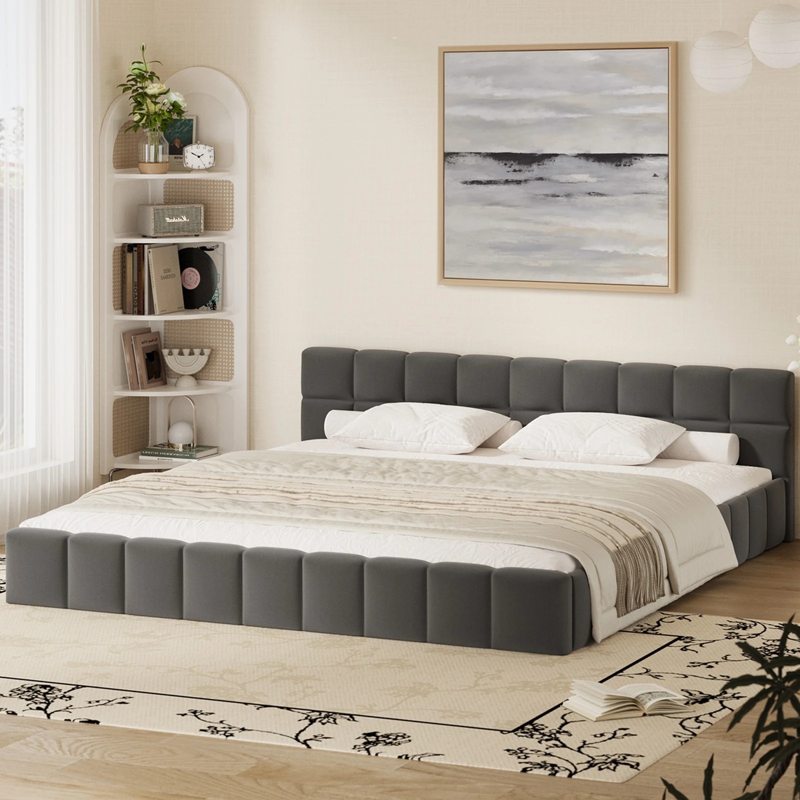 3 Oikiture Bed Frame King Size Tufted Headboard Velvet - Grey, 3 of 7