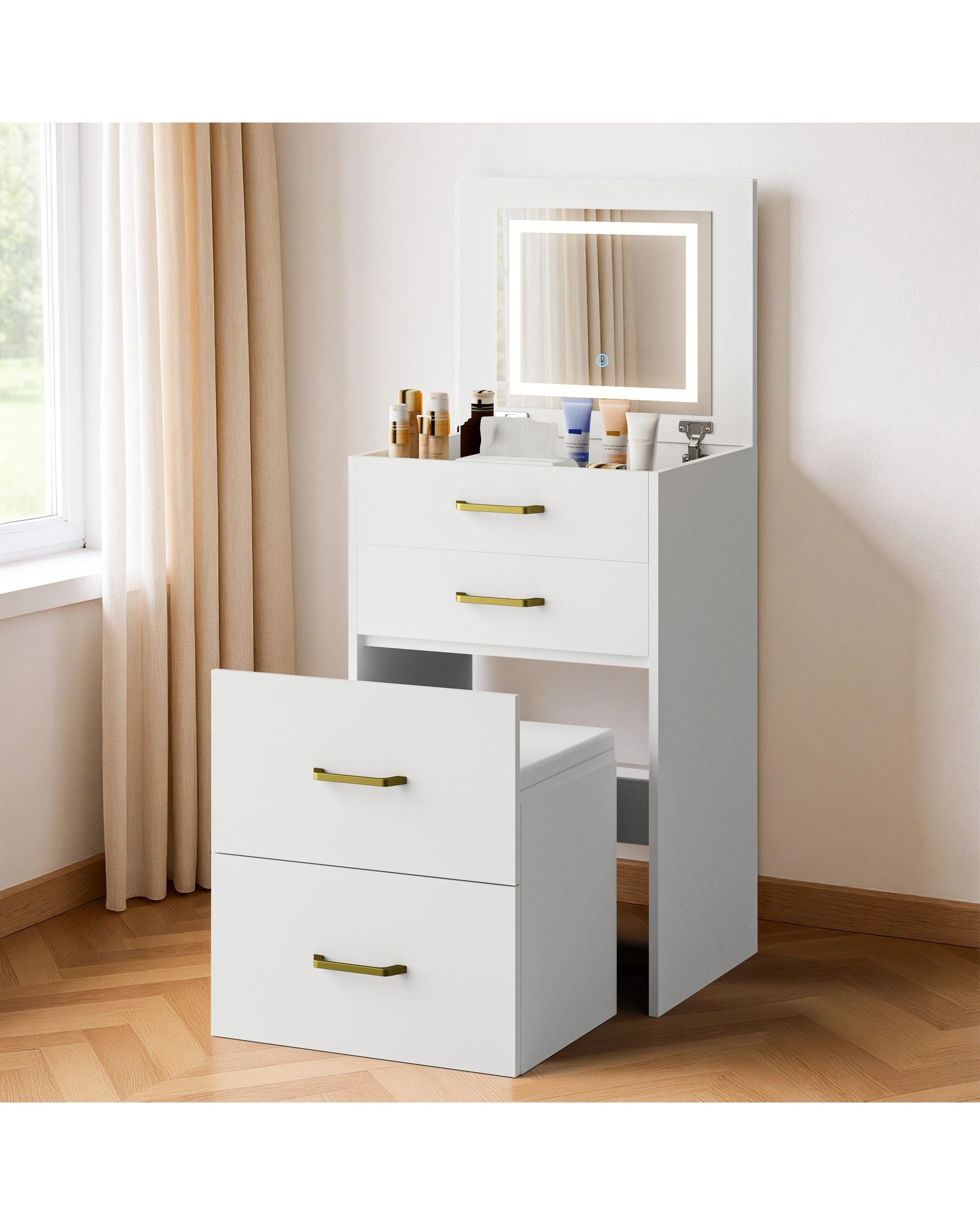 2 Advwin Dressing Table Stool Set with Flip-up Mirror - White, 2 of 10