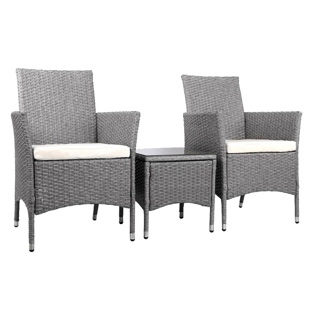 1 Gardeon 3PC Outdoor Bistro Set Patio Furniture Wicker Setting Chairs Table Cushion - Grey, 1 of 9