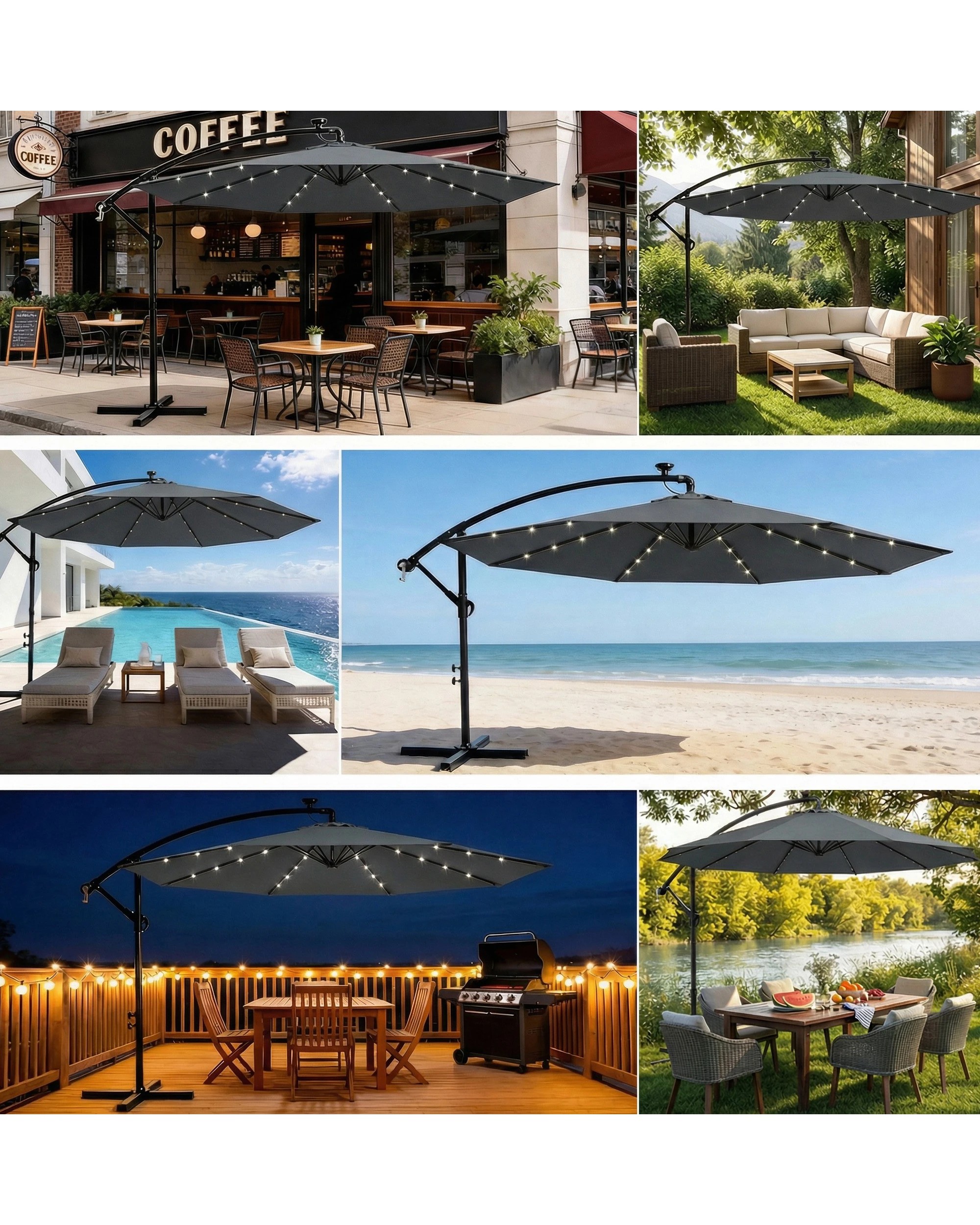 6 Advwin Outdoor Umbrella Cantilever 3m with Solar LED Lights - Gray, 6 of 7