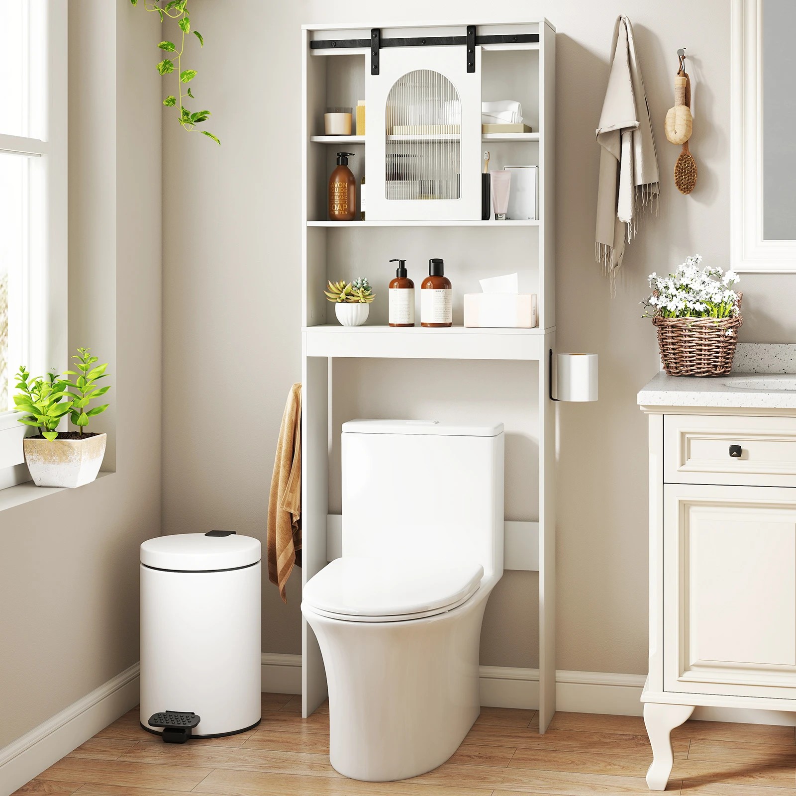 5 Costway Over the Toilet Storage Cabinet Farmhouse Bathroom Organizer w/Sliding Barn Door, 5 of 6