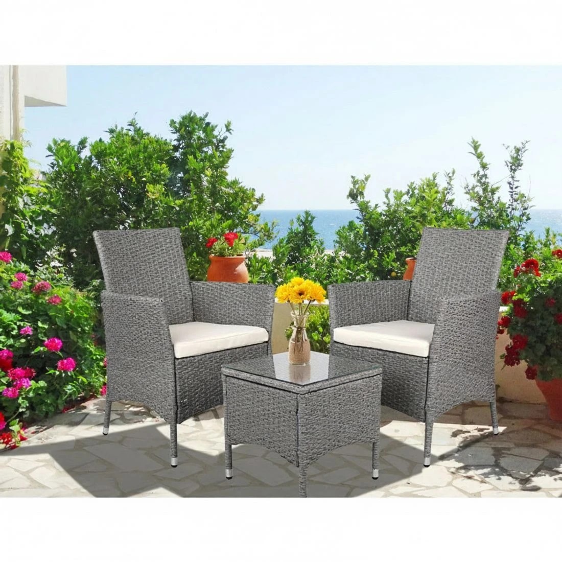 6 Gardeon 3PC Outdoor Bistro Set Patio Furniture Wicker Setting Chairs Table Cushion - Grey, 6 of 9
