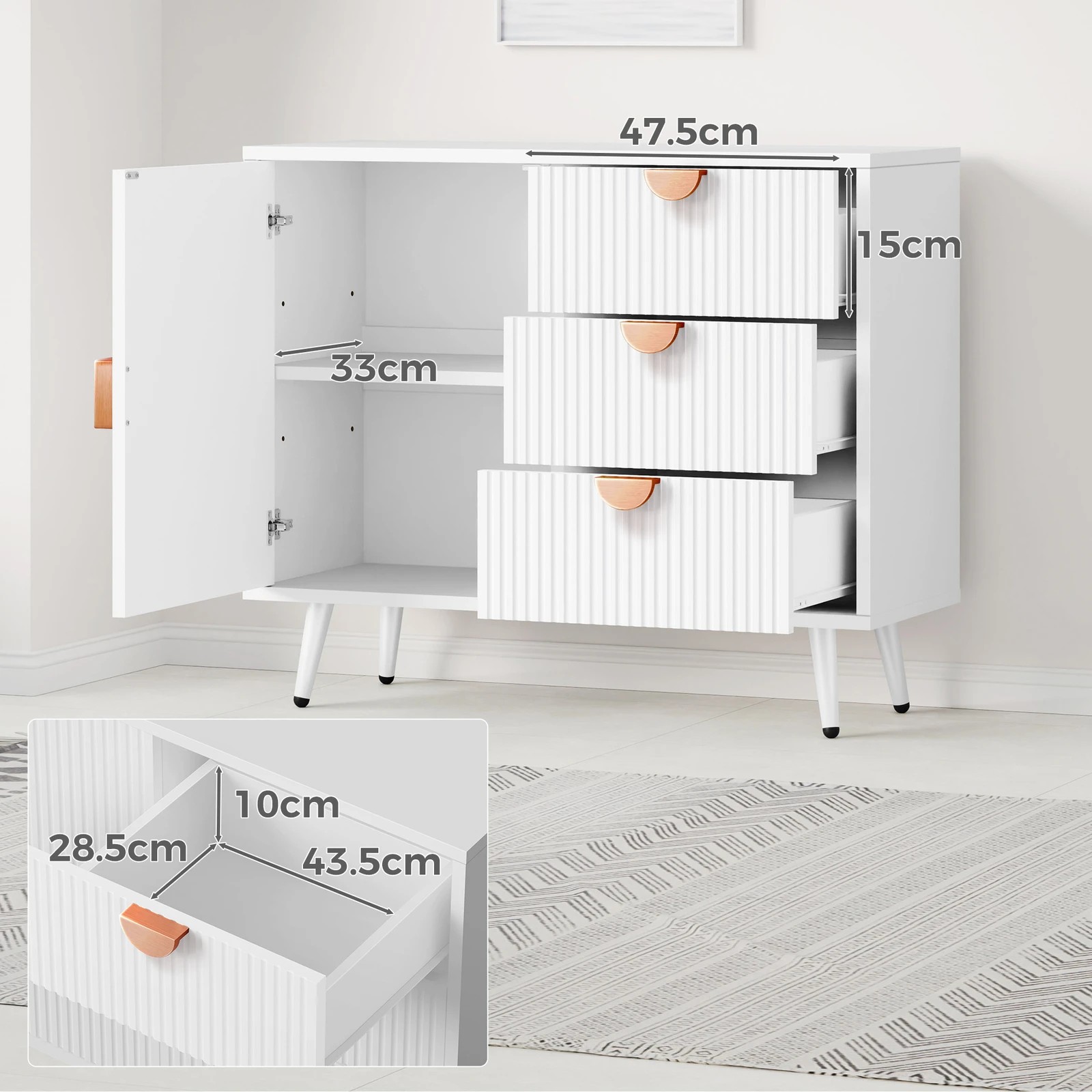 10 Alfordson Buffet Sideboard Storage Cabinet Cupboard Kitchen Hallway Drawers - White, 10 of 10