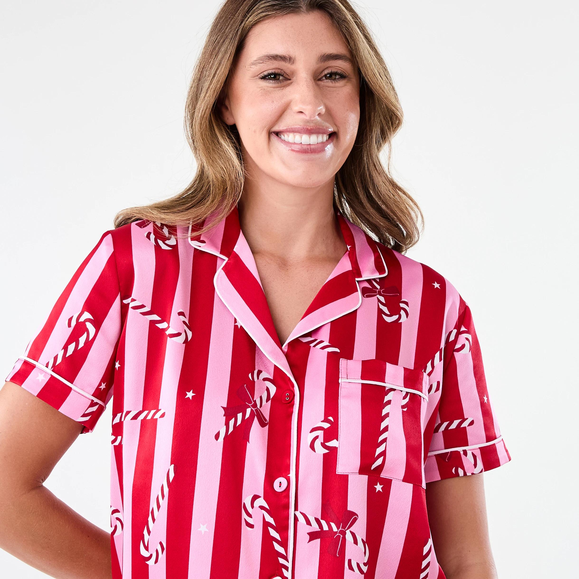 4 Short Sleeve Top and Shorts Christmas Satin Pyjama Set Red Stripe, 4 of 8