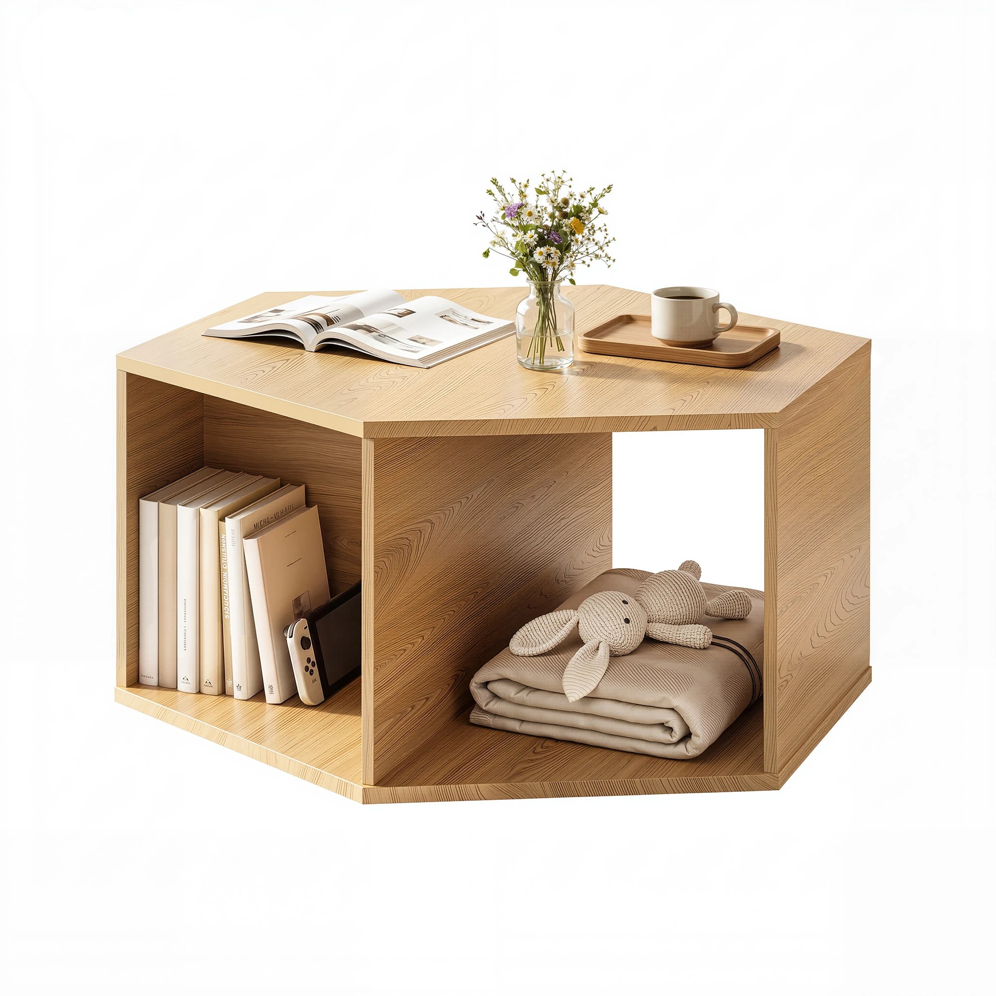 1 Artiss Coffee Table Hexagonal Center Table with Open Storage 2-Way Display Side Table Wood - Natural, 1 of 7