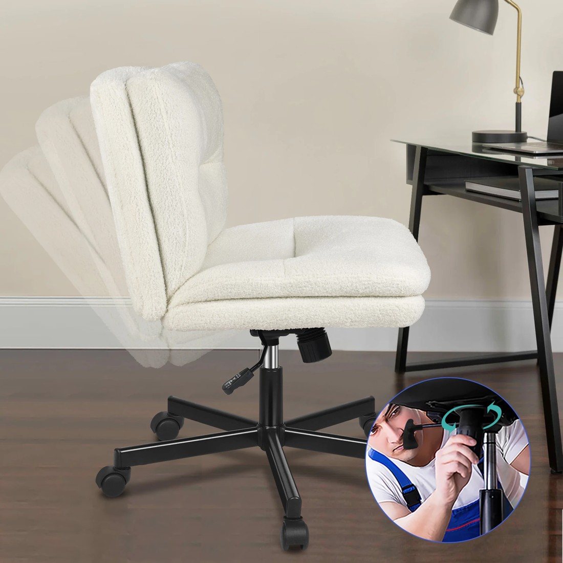 3 Alfordson Desk Chair Office Computer Armless Wide Seat Mid Back Boucle - White, 3 of 7