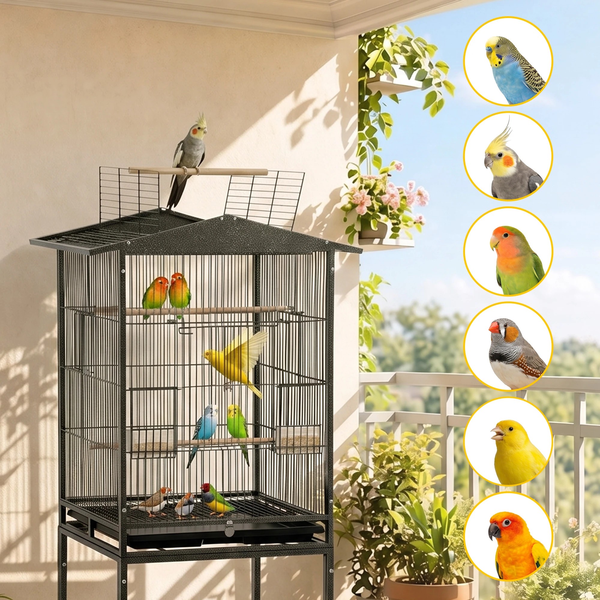 8 i.Pet 136cm Bird Cage Aviary Open Top Parrot Budgie Stand Wheels Black - Black, 8 of 8