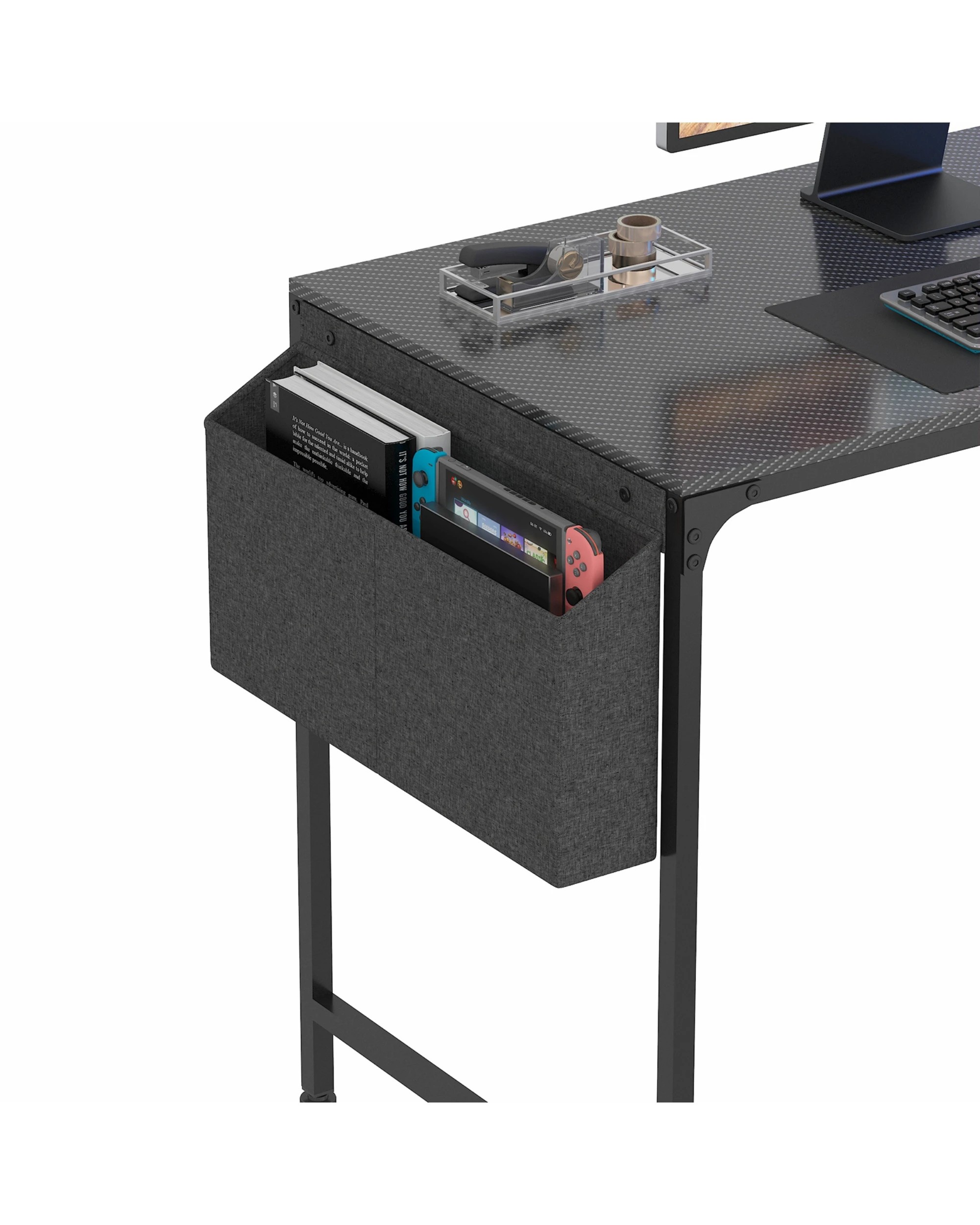 9 Advwin Gaming Desk with LED Lights & Power Outlets Reversible Storage Shelf 140cm Computer Desk with Fabric Drawer, 9 of 10